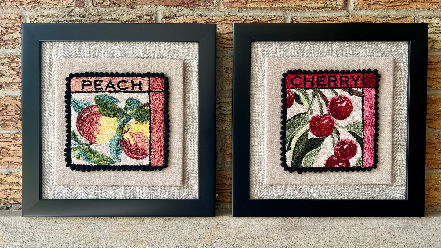 Peach PDF Punch Needle Digital Download pattern by Orphaned Wool, copyright 2025 Kelly Kanyok. This pattern features two colorful peaches along with the word PEACH. Note: Each pattern is sold separately- Part of the Fruit Series