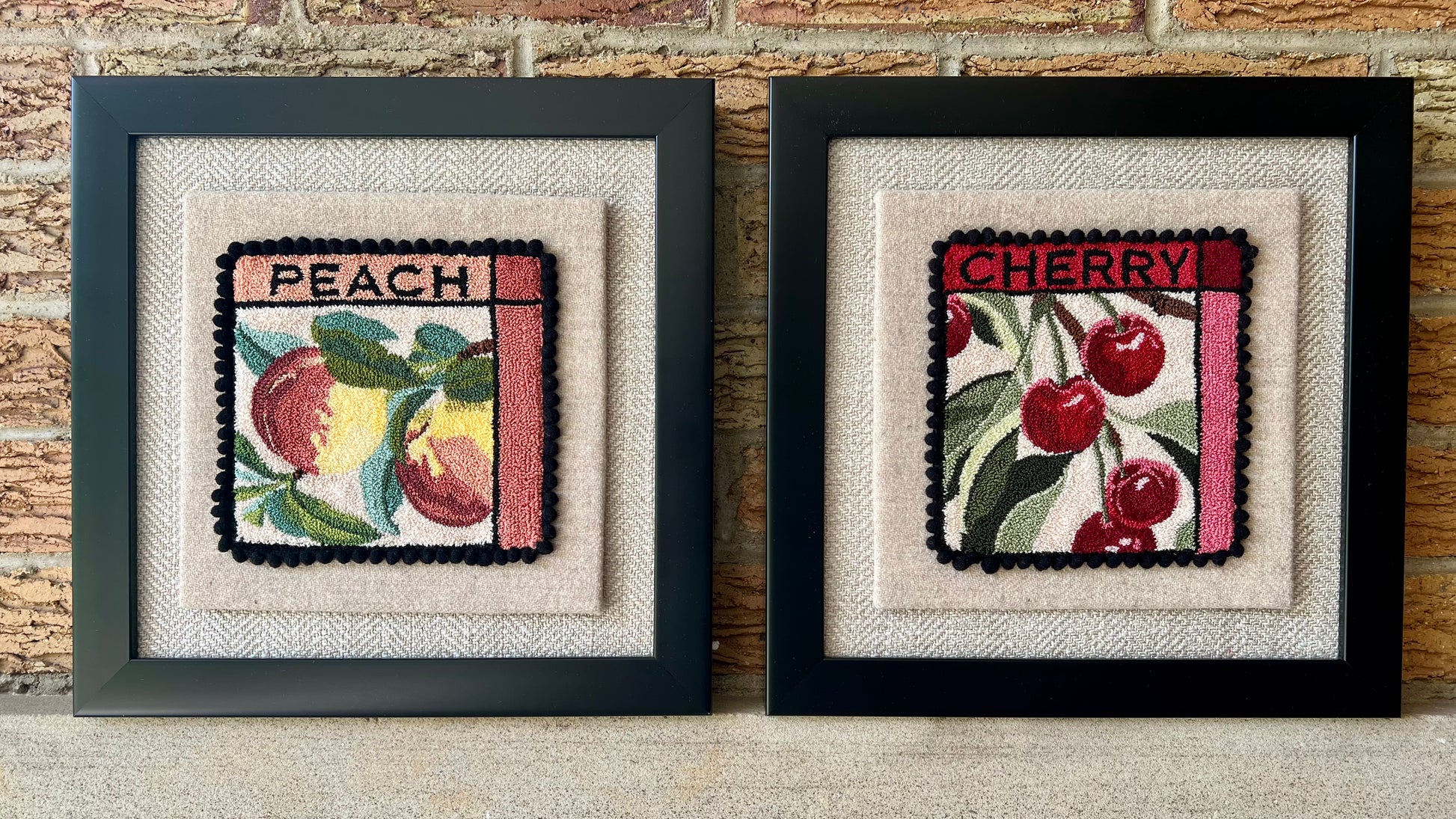 Peach PDF Punch Needle Digital Download pattern by Orphaned Wool, copyright 2025 Kelly Kanyok. This pattern features two colorful peaches along with the word PEACH. Note: Each pattern is sold separately- Part of the Fruit Series