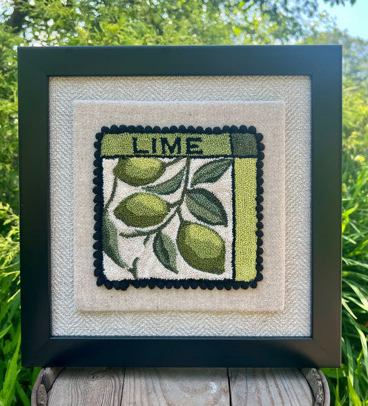 Lime Punch Needle Pattern, Paper or Printed on Cloth options, by Orphaned Wool, copyright 2025 Kelly Kanyok. Pattern features a series of three limes hanging from a vine with the word LIME at the top of the design.
