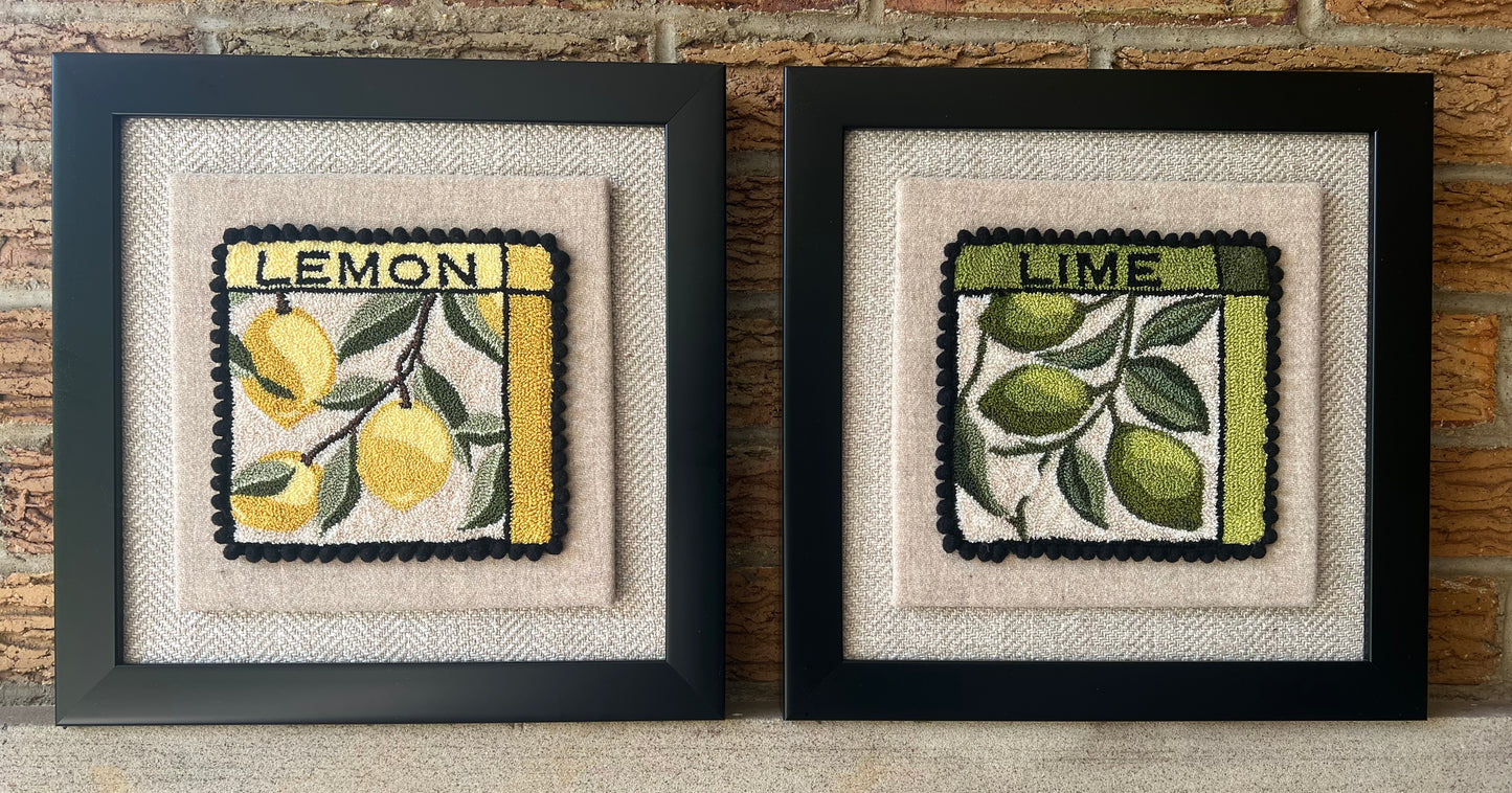 Lime- PDF Punch Needle Pattern by Orphaned Wool, Copyright 2025 Kelly Kanyok. This Digital download of the Lemon pattern, featuring a thread punch needle, includes three little lemons and the vine with the word 'Lime'. 