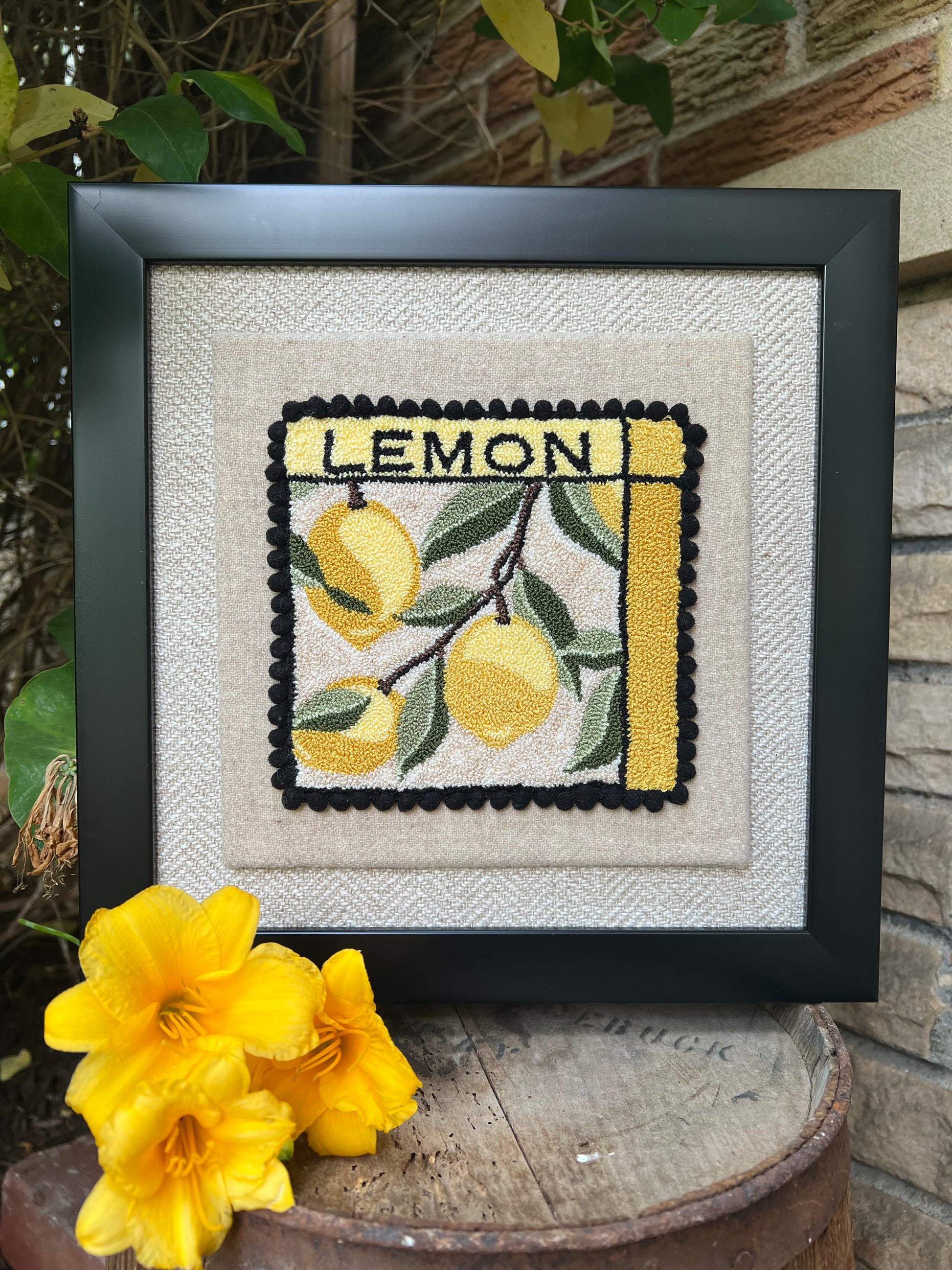 Lemon- PDF Punch Needle Pattern by Orphaned Wool, Copyright 2025 Kelly Kanyok. This Digital download of the Lemon pattern with a thread punch needle, featuring 3 little lemons and the vine with the word LEMON. 