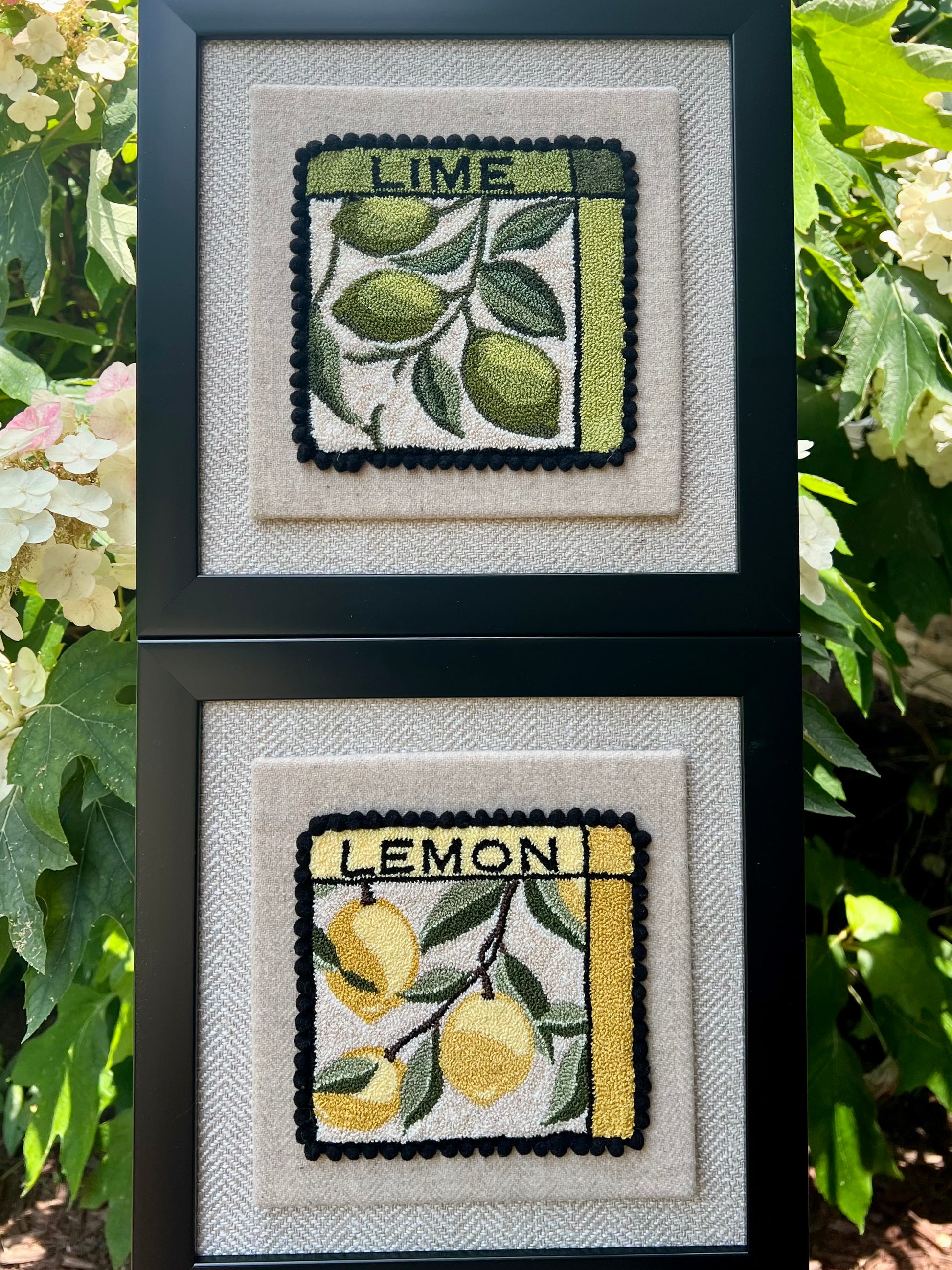 Lime Punch Needle Pattern, Paper or Printed on Cloth options, by Orphaned Wool, copyright 2025 Kelly Kanyok. Pattern features a series of three limes hanging from a vine with the word LIME at the top of the design. Lemon Pattern Sold Separately. 