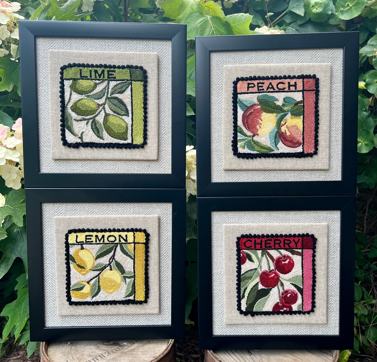 Lime Punch Needle Pattern, Paper or Printed on Cloth options, by Orphaned Wool, copyright 2025 Kelly Kanyok. Pattern features a series of three limes hanging from a vine with the word LIME at the top of the design. Each design is sold separately.