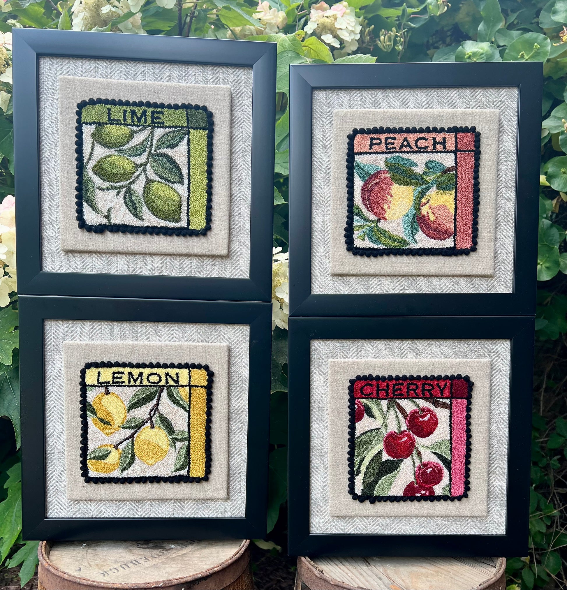 Cherry - PDF Punch Needle Digital Download Pattern by Orphaned Wool, Copyright 2025 Kelly Kanyok. This pattern features a cluster of cherries hanging from a vine with the word "CHERRY" at the top. Note: Each pattern is sold separately.