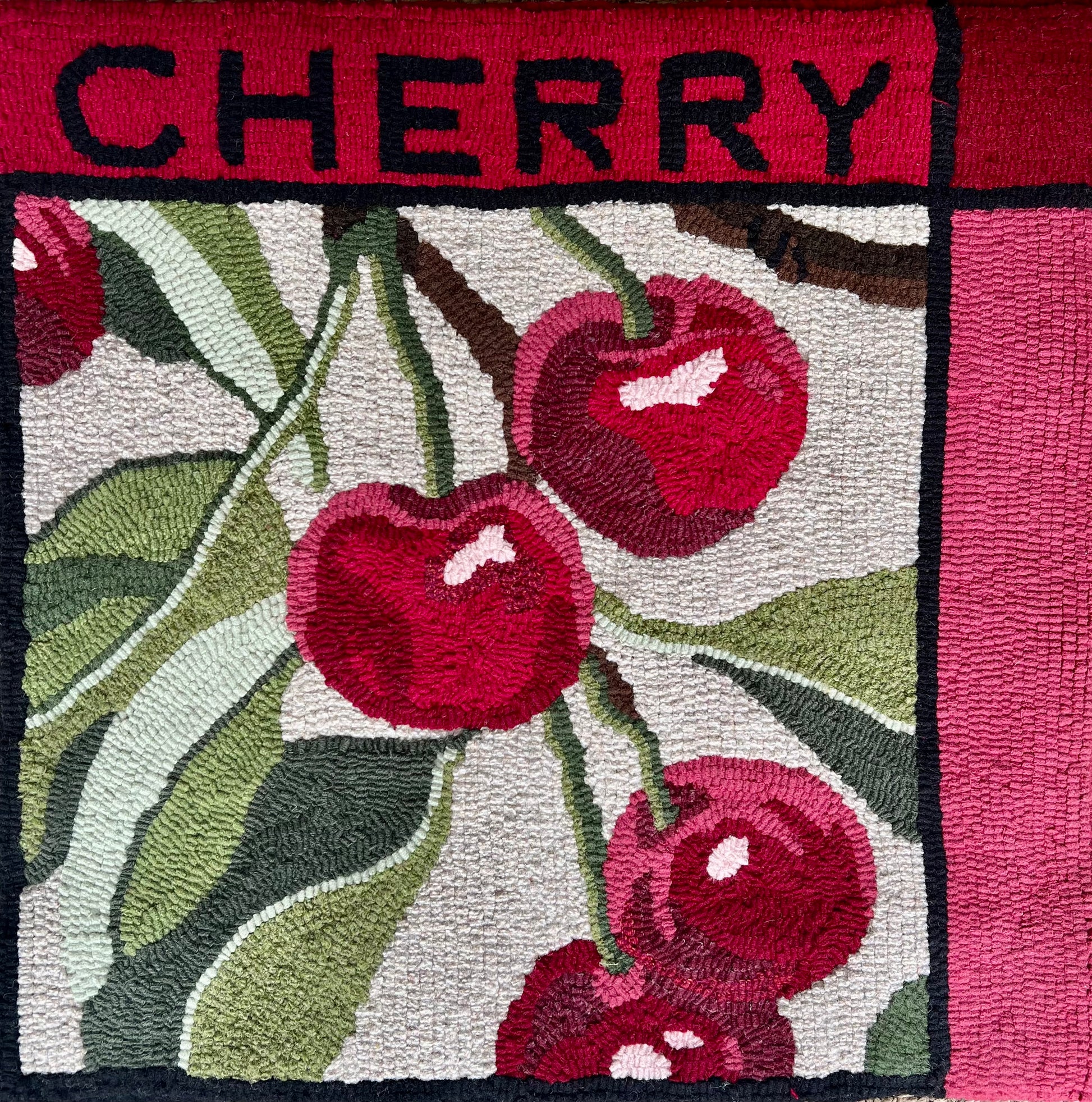Cherry- Rug Hooking pattern designed for enlargement to customize your size. By Orphaned Wool, copyright © 2025 Kelly Kanyok - All rights reserved. This design is part of a Fruit Series collection, which includes: Lemon, Lime, Cherry, and Peach.  Each pattern is sold separately.