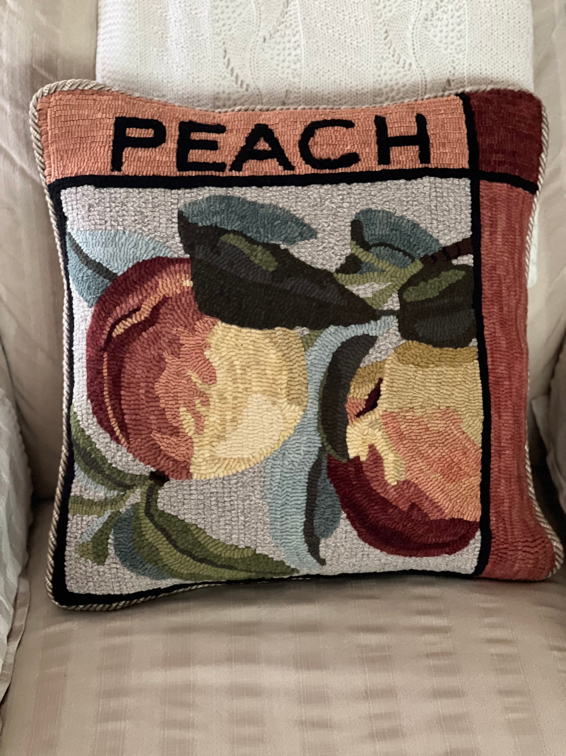 Peach Rug Hooking Pattern by Orphaned Wool, copyright 2025, Kelly Kanyok, hand-drawn on natural linen, 16 1/2 x 16 1/2. 