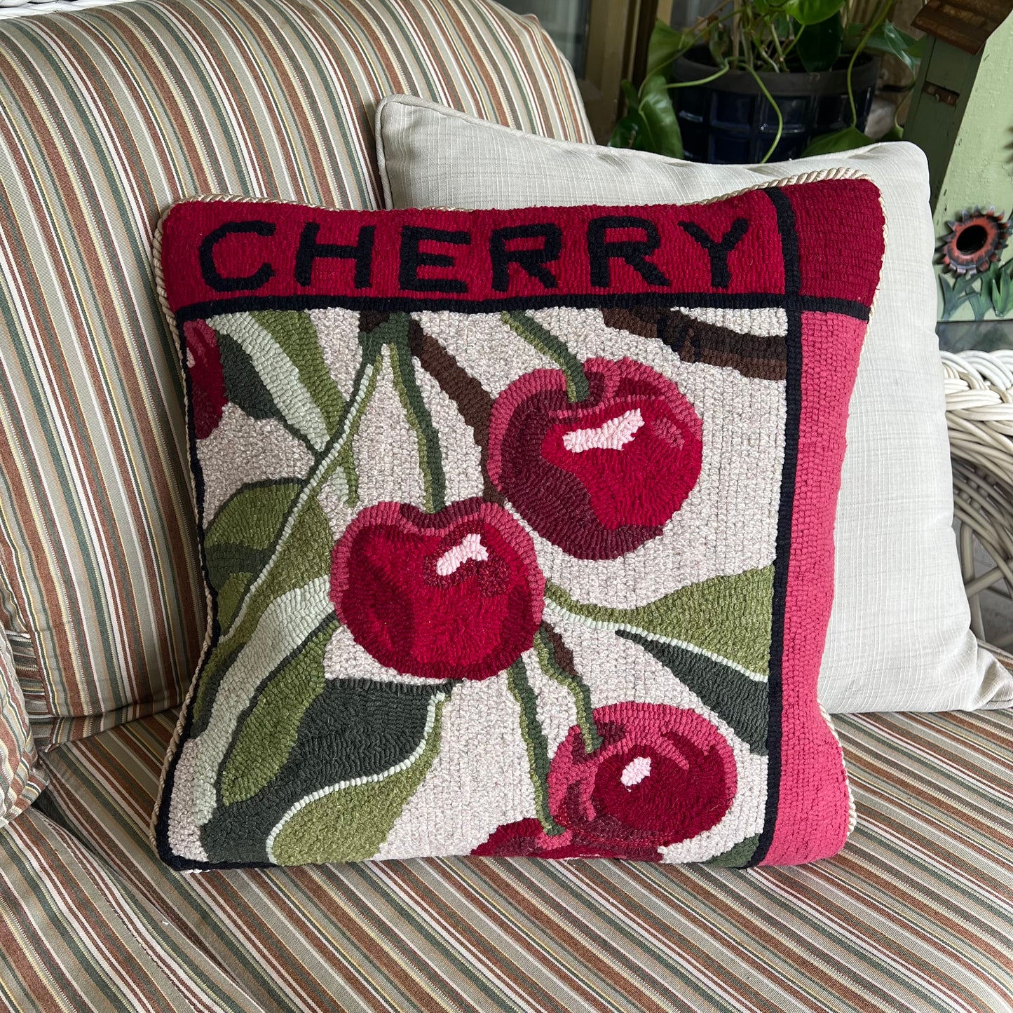 Cherry- Rug Hooking pattern designed for enlargement to customize your size. By Orphaned Wool, copyright © 2025 Kelly Kanyok - All rights reserved. This design is part of a Fruit Series collection, which includes: Lemon, Lime, Cherry, and Peach.  Each pattern is sold separately.