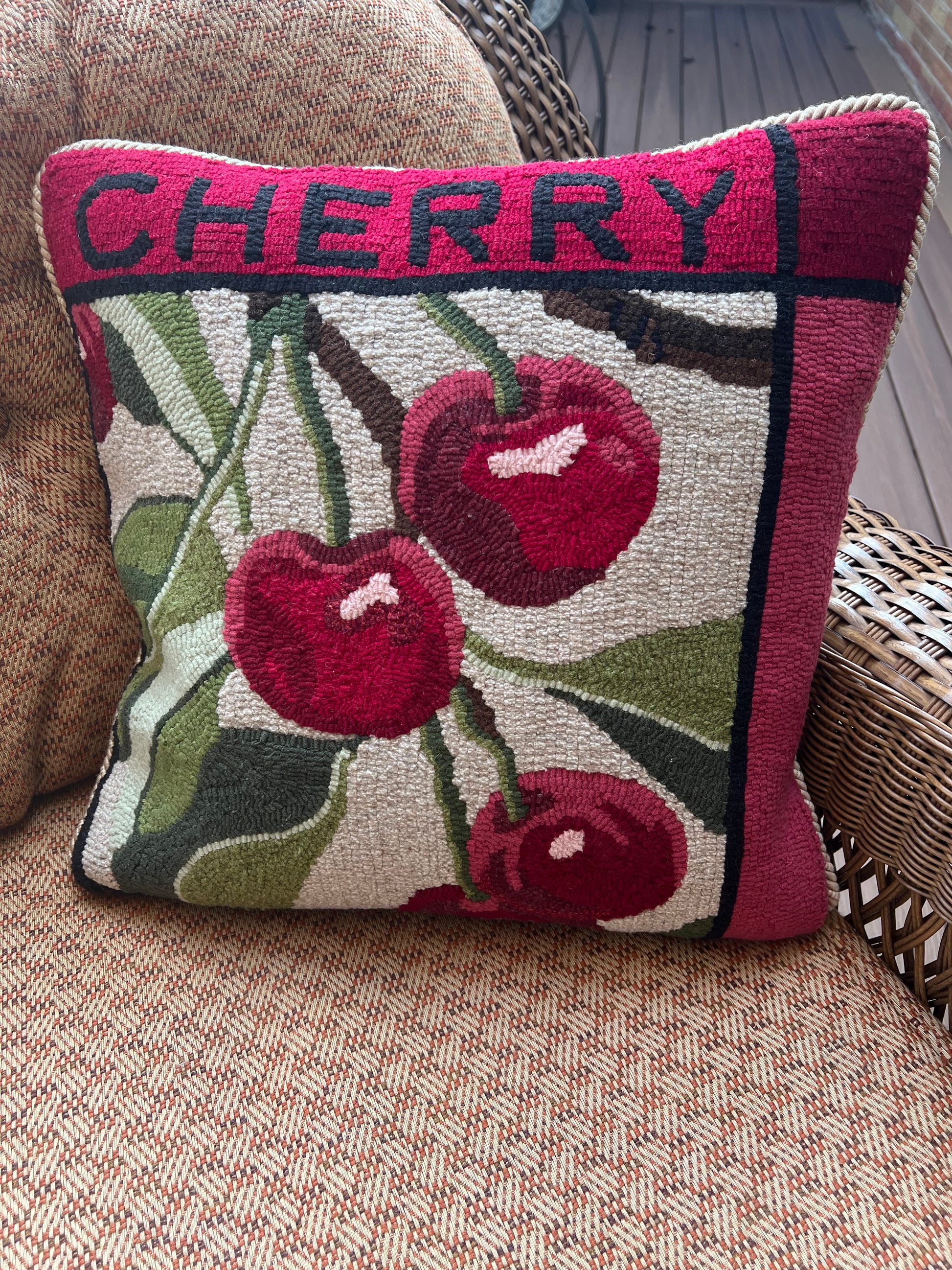 Cherry- Rug Hooking pattern designed for enlargement to customize your size. By Orphaned Wool, copyright © 2025 Kelly Kanyok - All rights reserved. This design is part of a Fruit Series collection, which includes: Lemon, Lime, Cherry, and Peach.  Each pattern is sold separately.