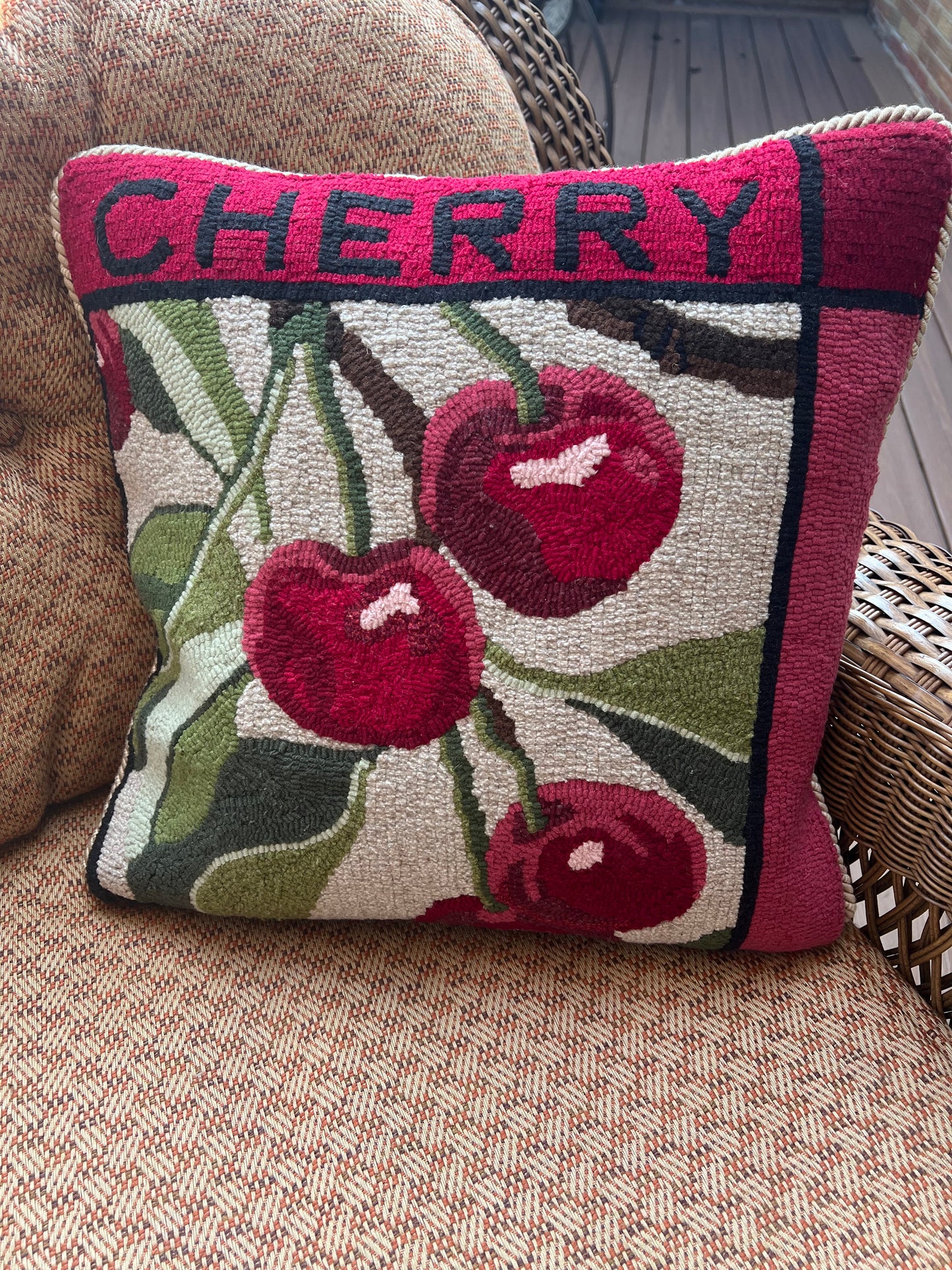 Cherry- Rug Hooking pattern designed for enlargement to customize your size. By Orphaned Wool, copyright © 2025 Kelly Kanyok - All rights reserved. This design is part of a Fruit Series collection, which includes: Lemon, Lime, Cherry, and Peach.  Each pattern is sold separately.