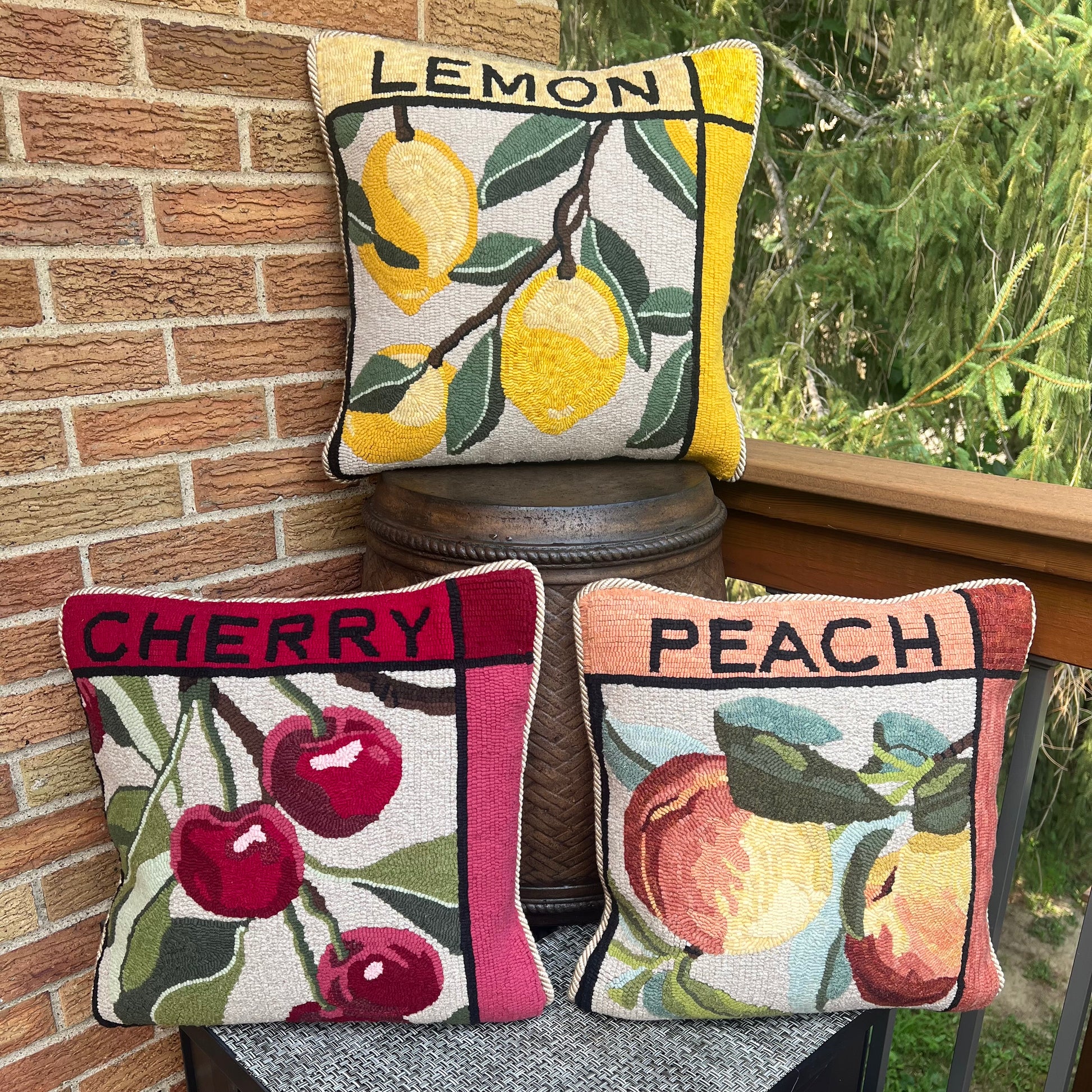 Cherry- Rug Hooking pattern designed for enlargement to customize your size. By Orphaned Wool, copyright © 2025 Kelly Kanyok - All rights reserved. This design is part of a Fruit Series collection, which includes: Lemon, Lime, Cherry, and Peach.  Each pattern is sold separately. shown here.