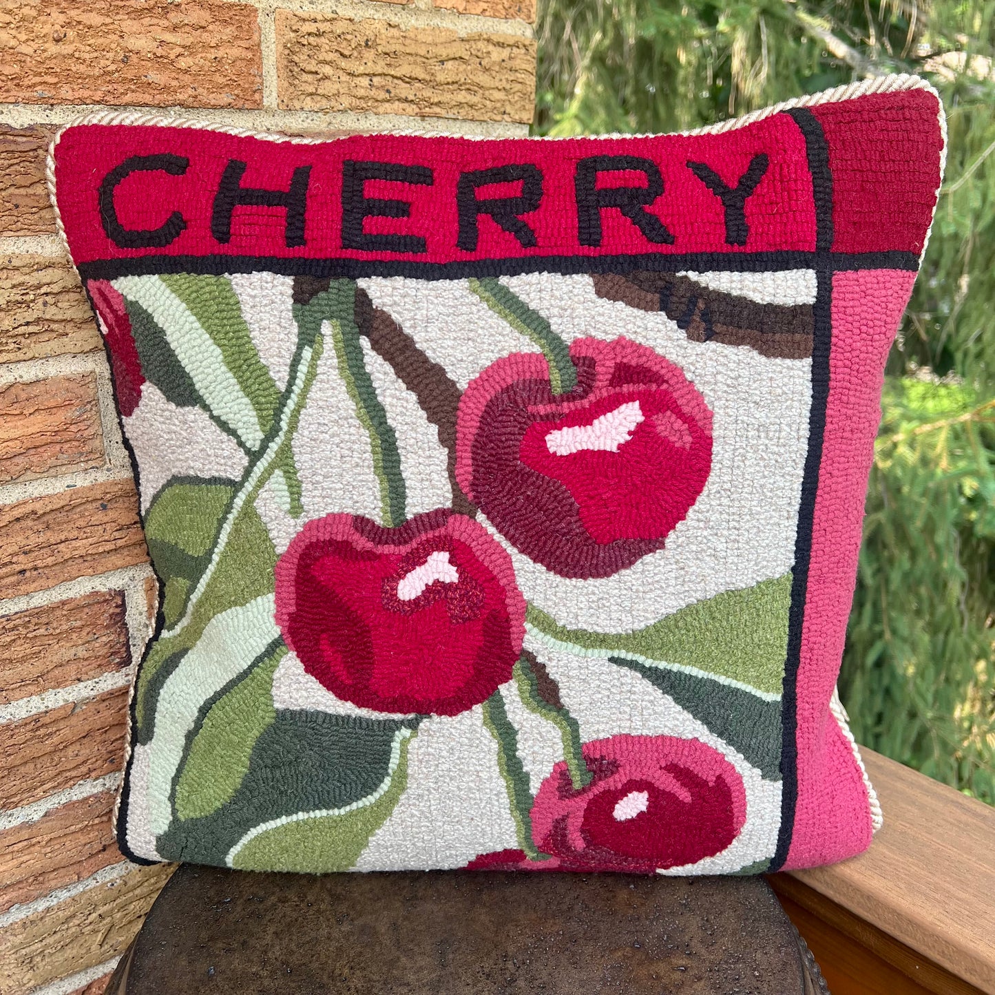 Cherry- Rug Hooking pattern designed for enlargement to customize your size. By Orphaned Wool, copyright © 2025 Kelly Kanyok - All rights reserved. This design is part of a Fruit Series collection, which includes: Lemon, Lime, Cherry, and Peach.  Each pattern is sold separately.