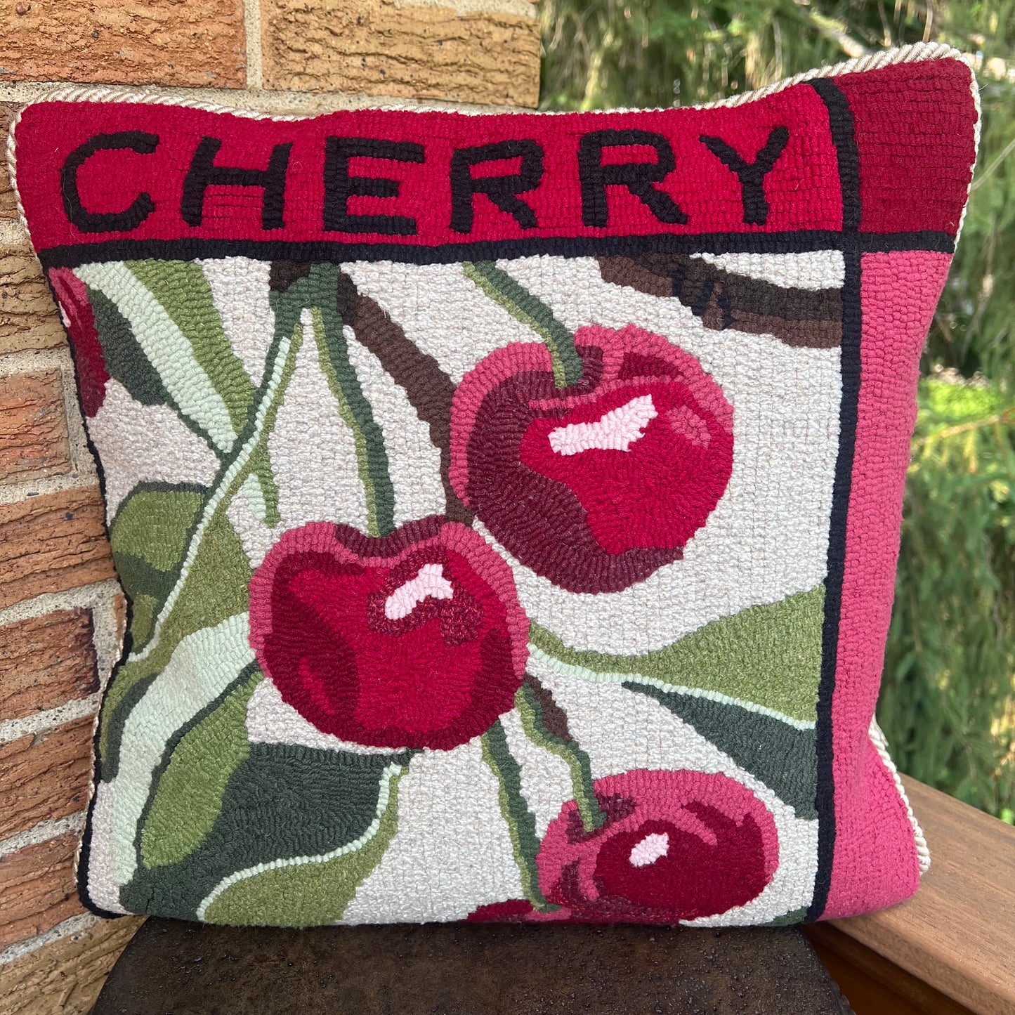 Cherry- Rug Hooking pattern designed for enlargement to customize your size. By Orphaned Wool, copyright © 2025 Kelly Kanyok - All rights reserved. This design is part of a Fruit Series collection, which includes: Lemon, Lime, Cherry, and Peach.  Each pattern is sold separately.