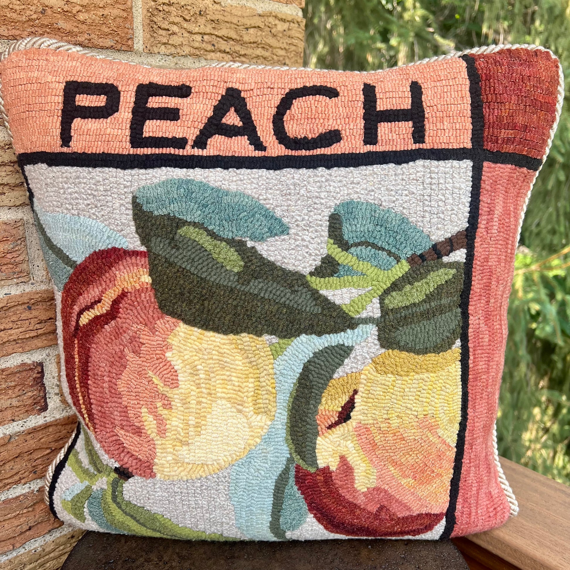 Peach Rug Hooking Pattern By Orphaned Wool copyright 2025 Kelly Kanyok hand-drawn on natural linen  16 1/2 x 16 1/2. 