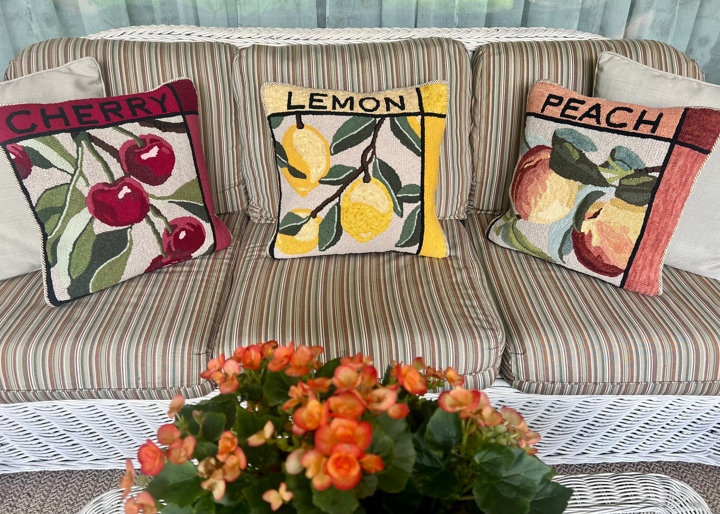 Part of the Fruit-themed collection, Rug Hooking pattern by Orphaned Wool, copyright © 2025 Kelly Kanyok. This pattern is part of the Fruit Themed pattern series. The designs were enlarged 300% to create these wonderful pillow designs. All rights reserved. Series include: Cherry, Peach, Lemon, and Lime -sold separately 