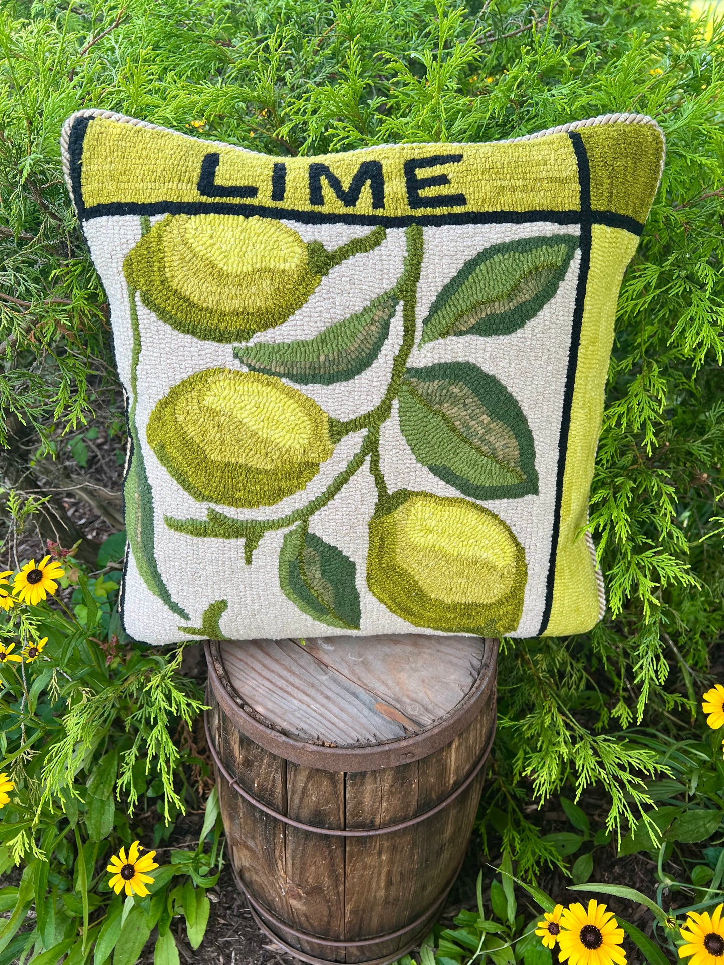 Featuring the Lime design rug hooked pillow by Orphaned Wool copyright Kelly Kanyok 2025. 