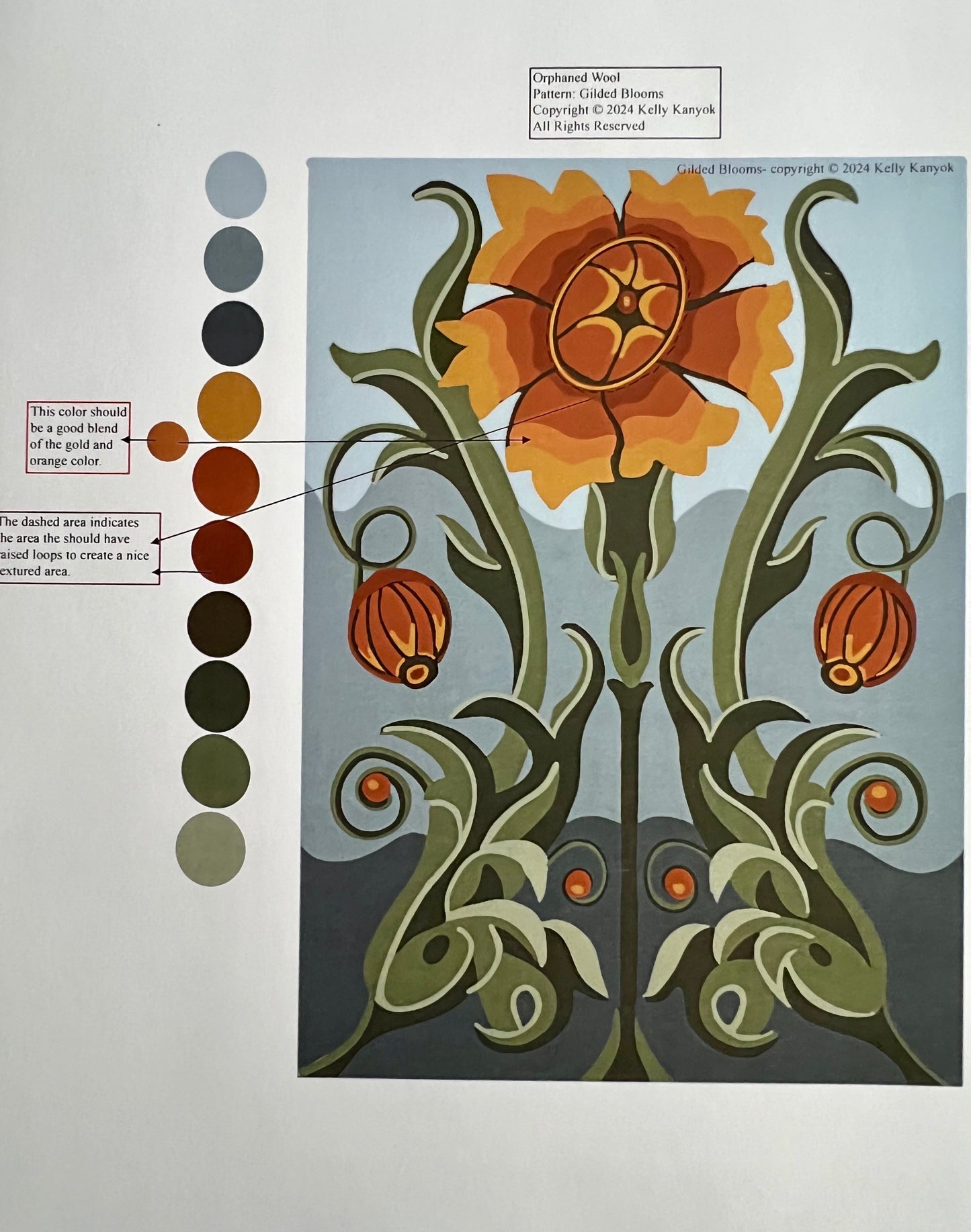Gilded Blooms- Orphaned Wool Rug hooking color guide- Copyright 2024 Kelly Kanyok