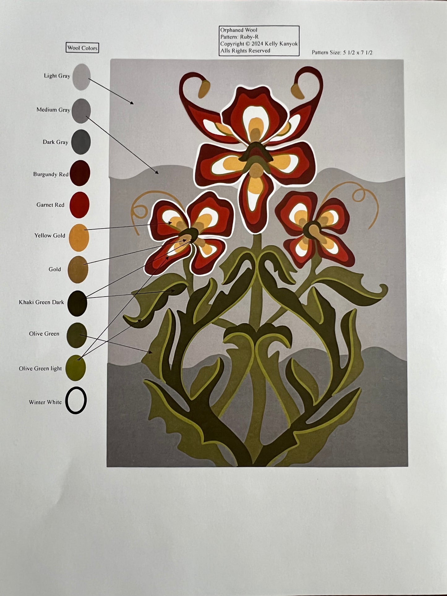 Ruby-A Color guide for the rug hooking pattern featuring a floral design with red, gold, and gray blue colors. Orphaned Wool Copyright 2024 Kelly Kanyok