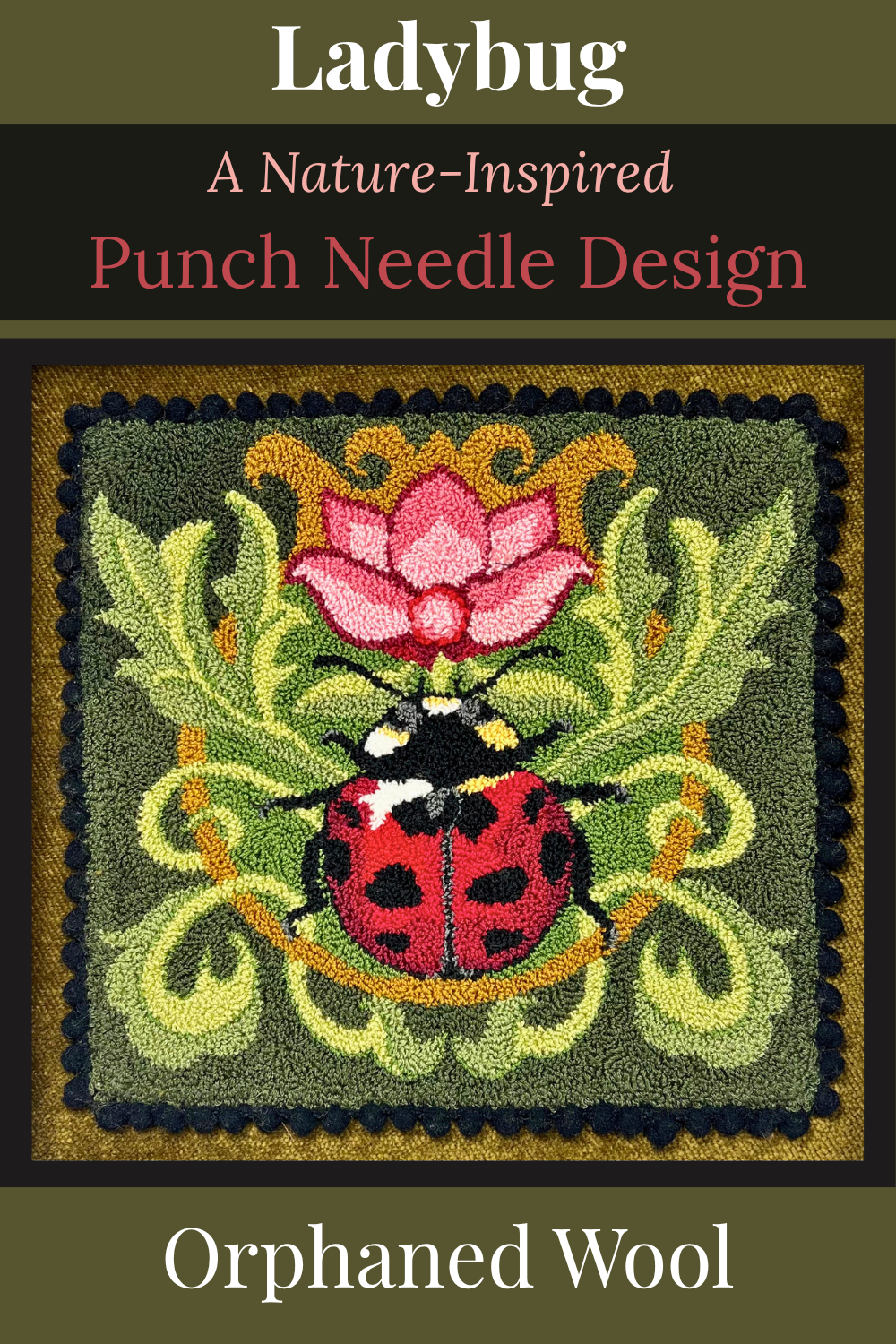 Ladybug Design on Leaves with a rose colored flower design by Orphaned Wool