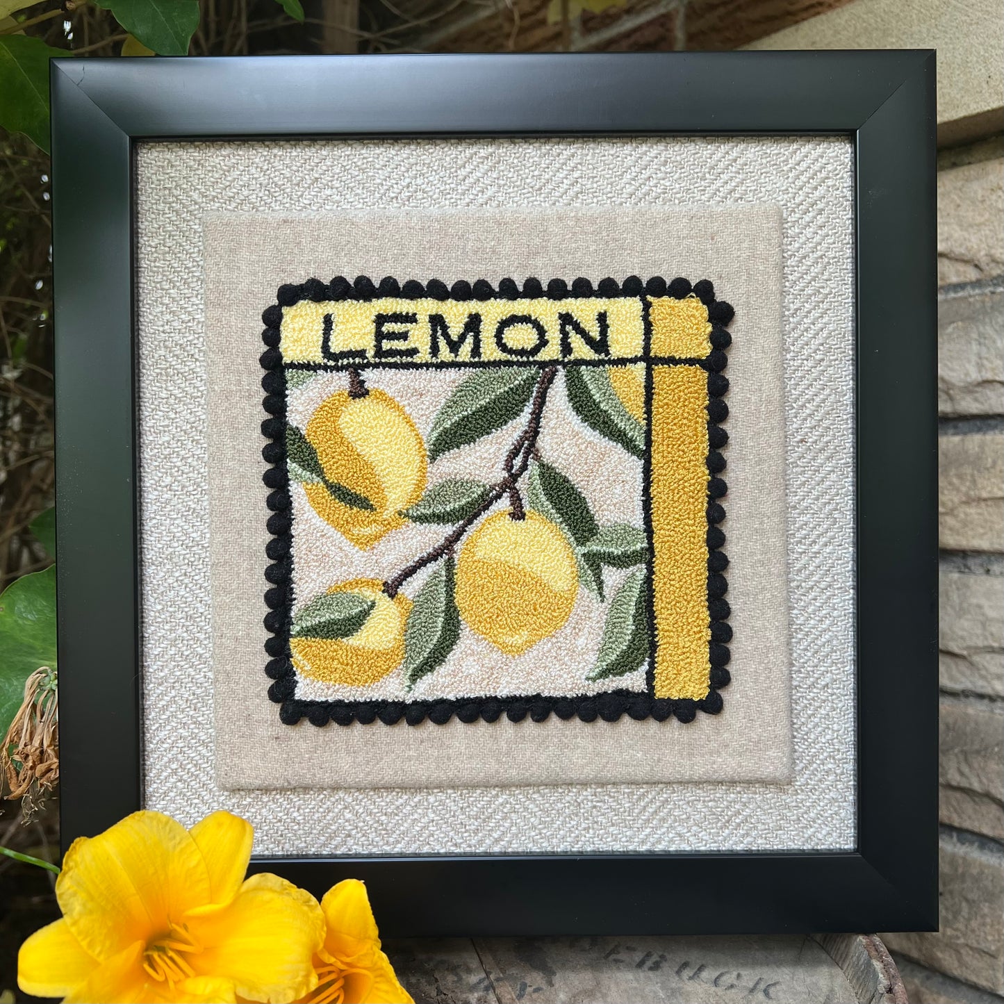 Lemon- PDF Punch Needle Pattern by Orphaned Wool, Copyright 2025 Kelly Kanyok. This Digital download of the Lemon pattern with a thread punch needle, featuring 3 little lemons and the vine with the word LEMON. 