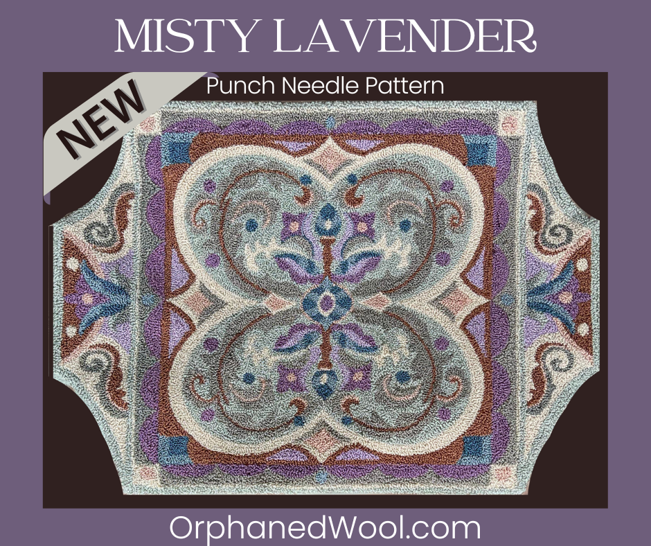  This MISTY LAVENDER Punch Needle Pattern by Orphaned Wool is a wonderful design that is a large size design perfect for the experienced punch needle artist, pattern available as a paper or cloth pattern. This pattern is copyrighted 2023 by Kelly Kanyok of Orphaned Wool- All Rights Reserved.