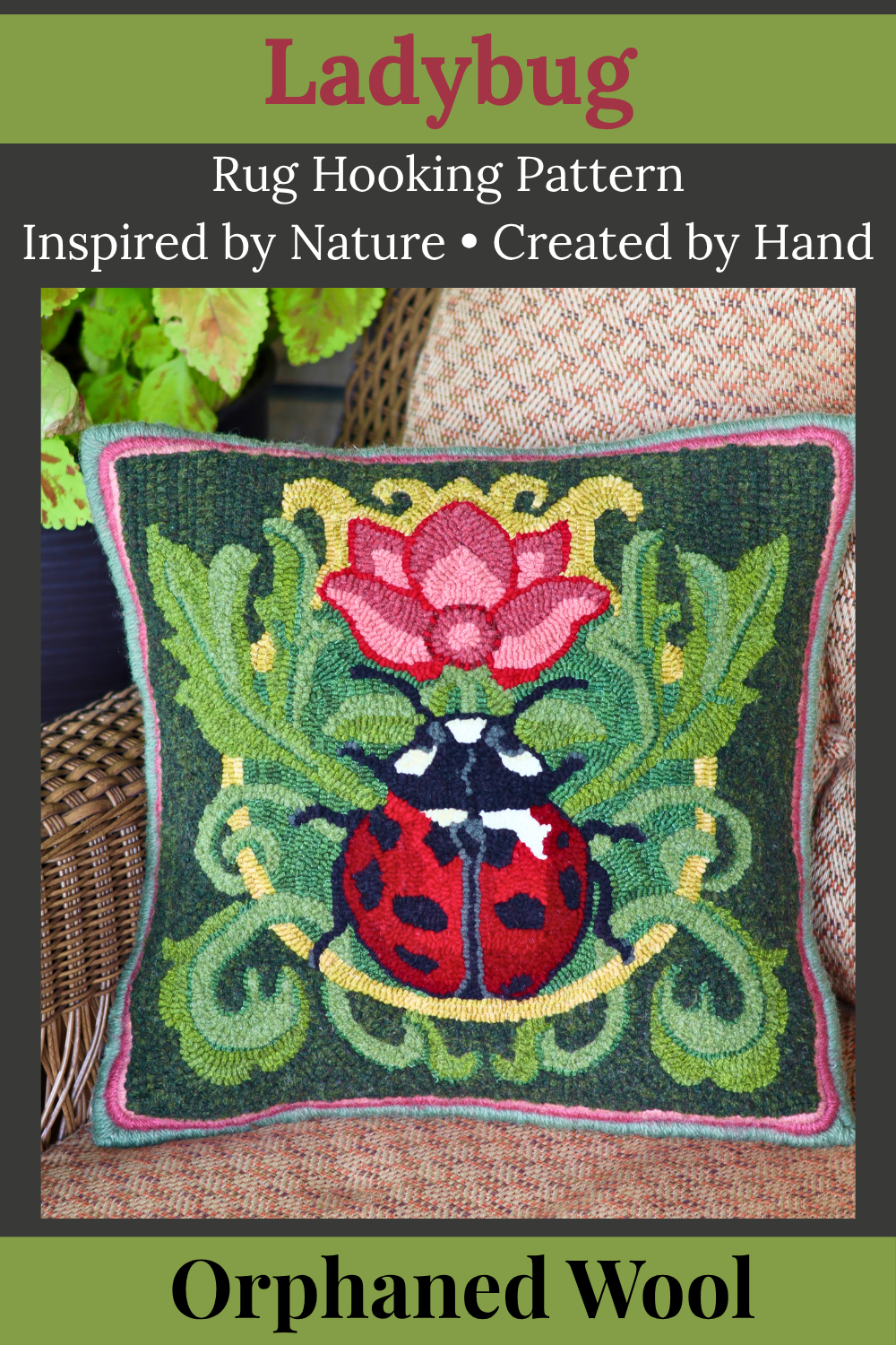 Ladybug punch needle pattern by Orphaned Wool featuring a ladybug in a nature-inspired textile design for creating decorative punch needle art.