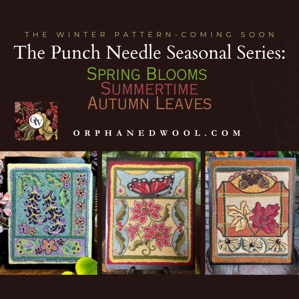 Autumn Leaves-PDF Punch Needle Pattern Digital Download by Orphaned Wool. This 4 page pattern file of Autumn Leaves is the third pattern in the series of four Seasonal patterns in the Collections. This design has all the beauty of the fall season with leaves, acorns and fall flowers. Copyright 2022 Kelly Kanyok. Orphaned Wool