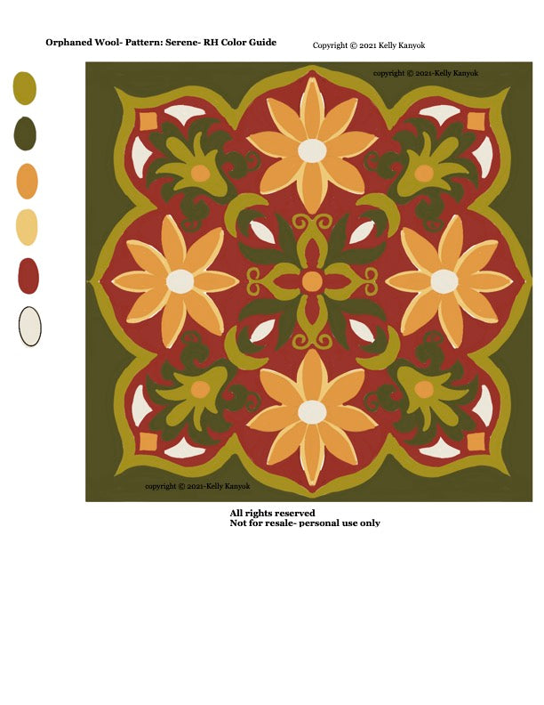 Color guide with floral pattern and color swatches on a green background