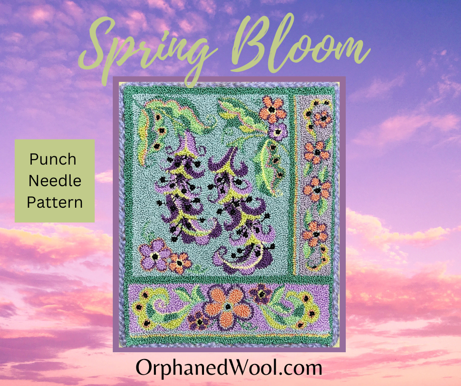  Spring Bloom Punch Needle Pattern by Orphaned Wool. This pattern is the first of four patterns in a this seasonal series. Available as a Paper or Cloth Pattern along with a full-color thread placement guide. Copyright 2022 Kelly Kanyok / Orphaned Wool