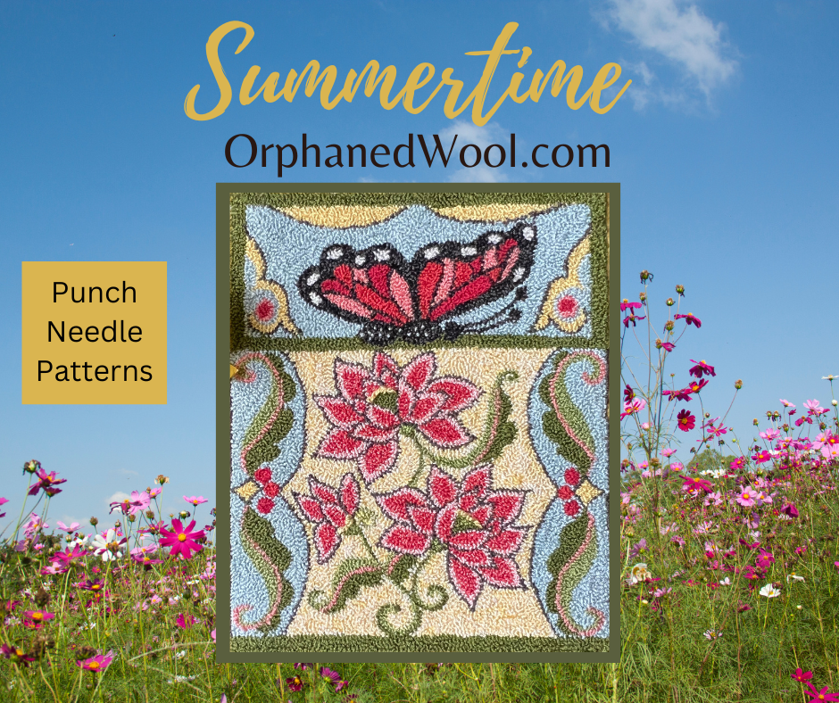  Summertime-PDF Punch Needle Pattern Digital Download by Orphaned Wool. This is the second pattern in the Seasonal Collection of four patterns. Enjoy creating this lovely Butterfly and Floral design. Copyright 2022 Kelly Kanyok, Orphaned Wool.
