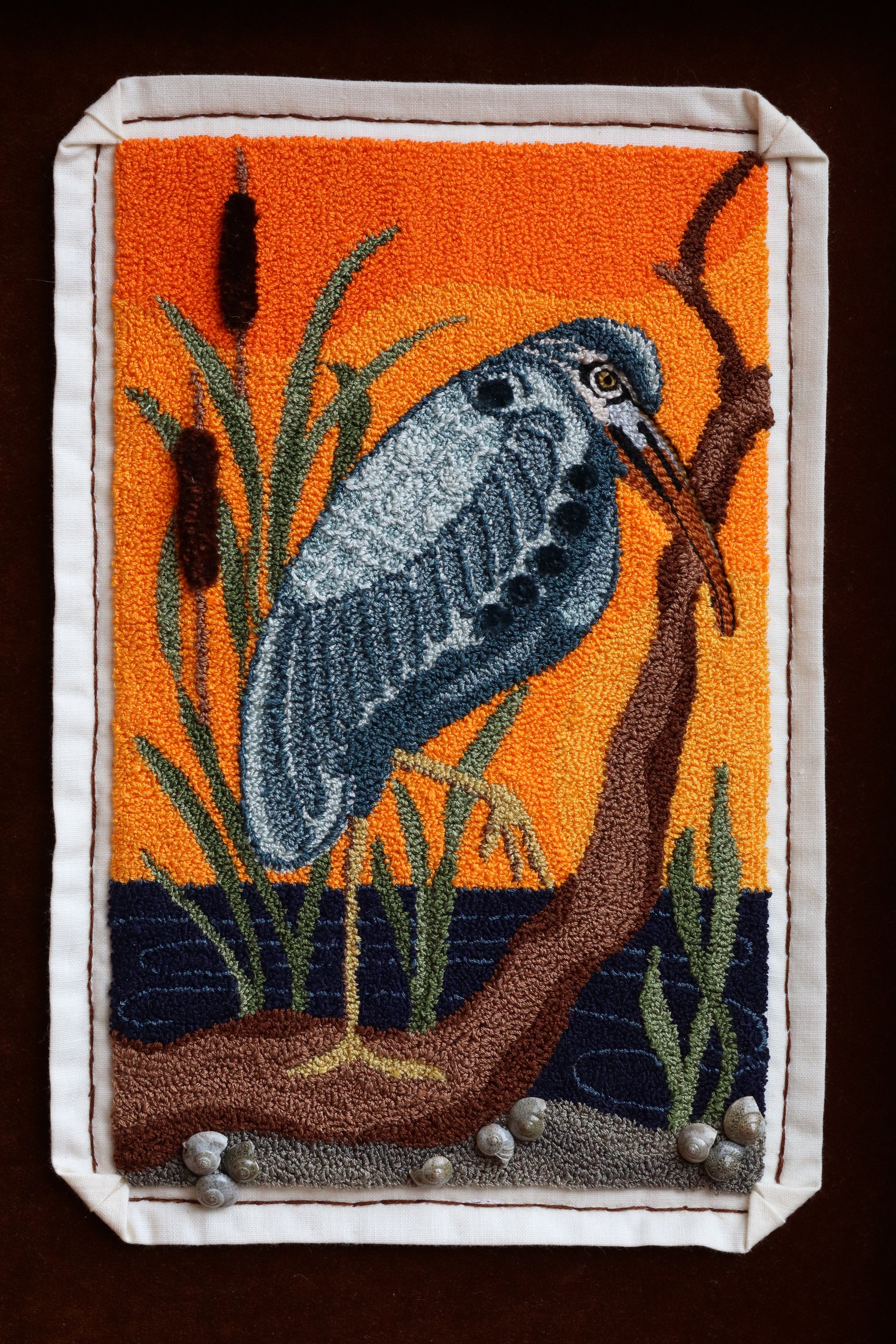 Sunset Heron - A coastal bird design by Orphaned Wool. This is a PDF instant-download pattern for Rug Hooking fiber artists.