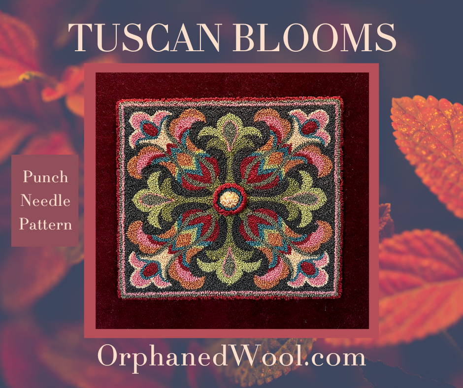  Tuscan Blooms PDF Punch Needle Pattern Digital Download by Orphaned Wool. This floral design was created with DMC Floss using rich vibrant Tuscan colors. Pattern includes a full-color thread placement guide, instructions and DMC thread list and amounts. Copyright 2023 Kelly Kanyok, Orphaned Wool.