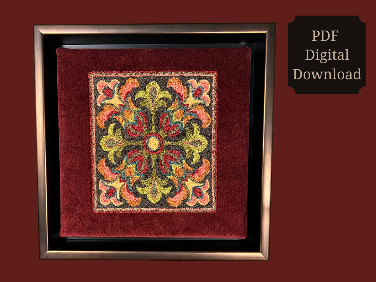 Tuscan Blooms PDF Punch Needle Pattern Digital Download by Orphaned Wool. This floral design was created with DMC Floss using  rich vibrant Tuscan colors. Pattern includes a full-color thread placement guide, instructions  and DMC thread list and amounts. Copyright 2023 Kelly Kanyok, Orphaned Wool.