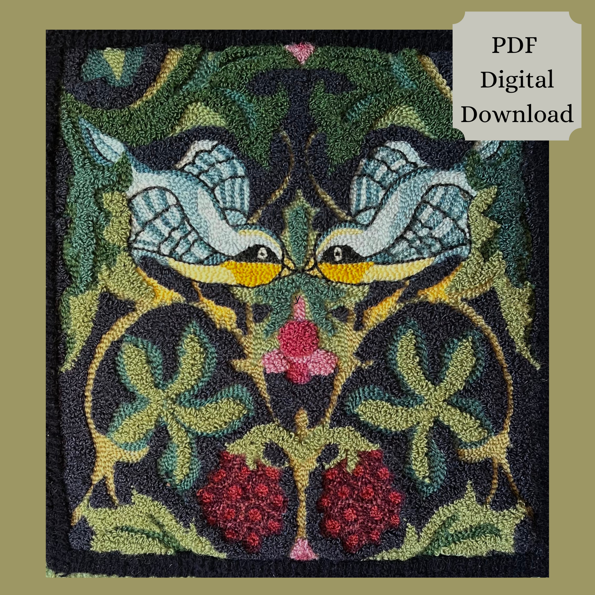 Whispering Wings is a punch needle PDF digital download file from Orphaned Wool, Copyright  2024 Kelly Kanyk. This design features two birds amongst the foliage and grapes, and includes directions to create this pattern as dimensional or normal punch needle pattern.