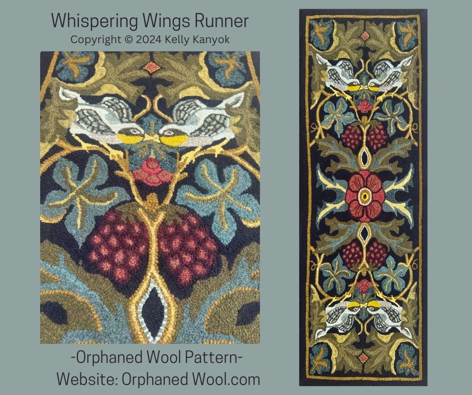 Whispering Wings Runner-PDF rug hooking pattern digital download, copyright © 2024 Kelly Kanyok. This pattern file was designed for downloading. Allowing you to enlarge and create the desired size pattern you would like.