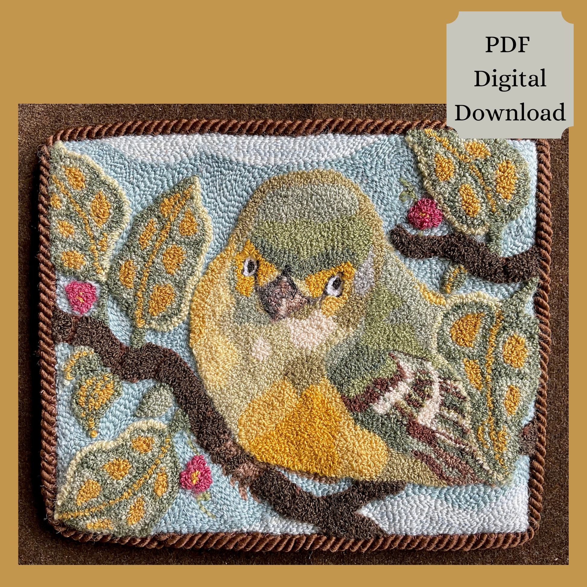 White-Eyed Vireo Bird PDF Punch Needle Pattern Digital Download, copyright 2024 Kelly Kanyok, Orphaned Wool. This pattern depicts the White-Eyed Vireo Bird on a tree branch with leaves and flowers. Pattern offer instruction on creating the design as a dimensional  or regular punch needle pattern.