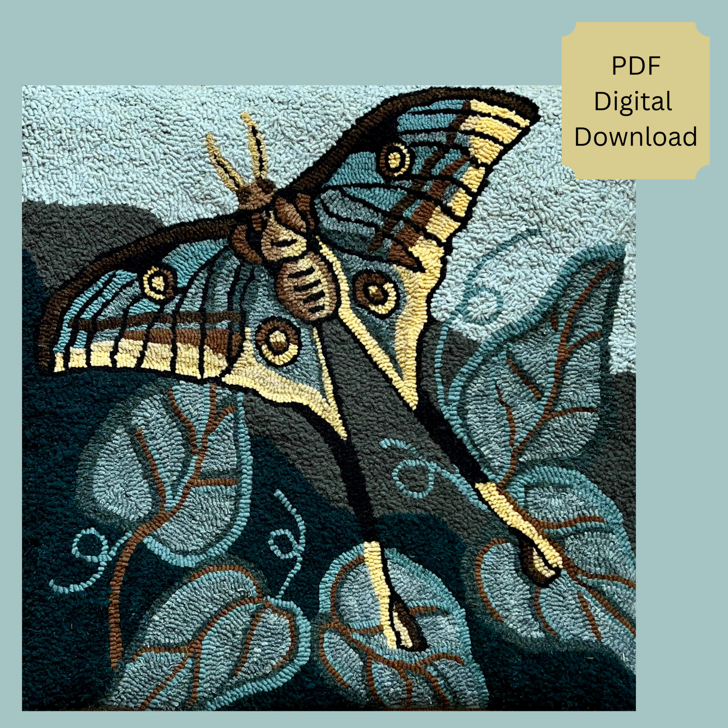 Spanish Moon Moth-PDF Digital Download Rug Hooking Pattern by Orphaned Wool, Copyright 2024 Kelly Kanyok. Enjoy creating this wonderful Spanish Moon Moth pattern designed for enlargement. Create the perfect size design for your home.