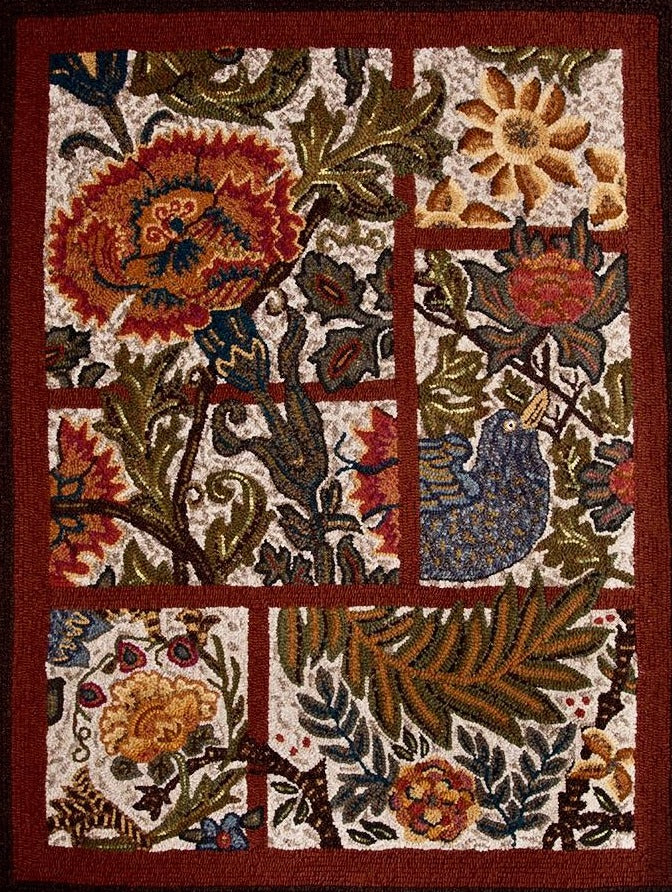 Views of Morris- Linen Rug Hooking or Rug Punch Needle Pattern by Orphaned Wool. This pattern is hand-drawn on natural linen, there is one size available 34 x 45. This design was inspired by the Artist William Morris.