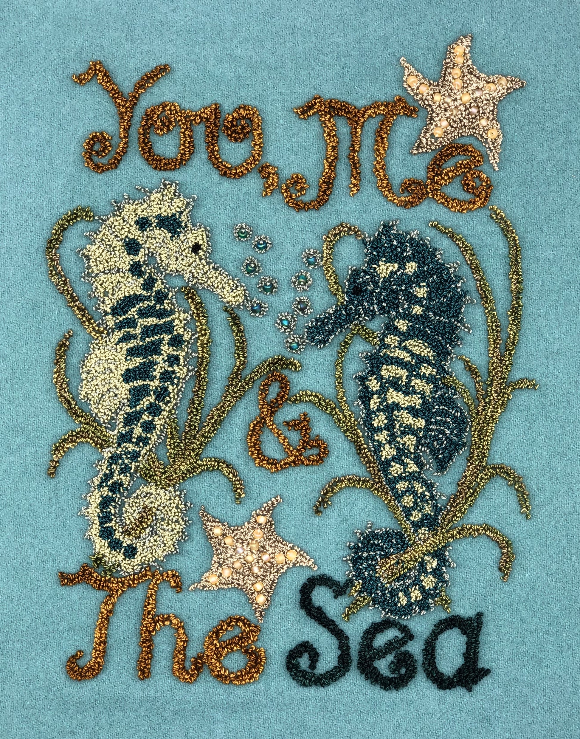 You, Me & The Sea- PDF Digital Download Punch Needle Pattern by Orphaned Wool. This wonderful under the sea pattern was created using wool fabric as the background fused with the weaver's cloth pattern. Small beads were also used to create the bubble effects.