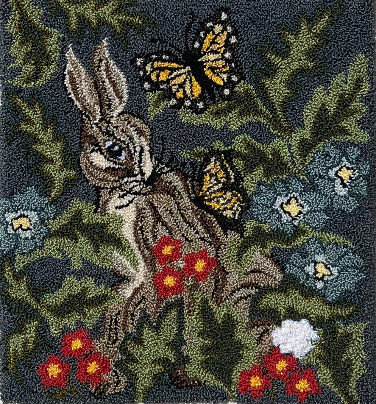 Hare with Friends, Rug Hooking pattern of natural linen. Perect for the rug hooking or rug punch needle artist. Pattern by Orphaned Wool. Lovely bunny and butterfly design with flowers and leaves.
