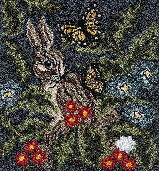 Hare with Friends Paper Rug Hooking or Oxford Rug Punch Needle Pattern by Orphaned Wool. This beautiful pattern with butterflies and a sweet bunny with flowers and foliage makes a wonderful  finished rug or wall hanging.