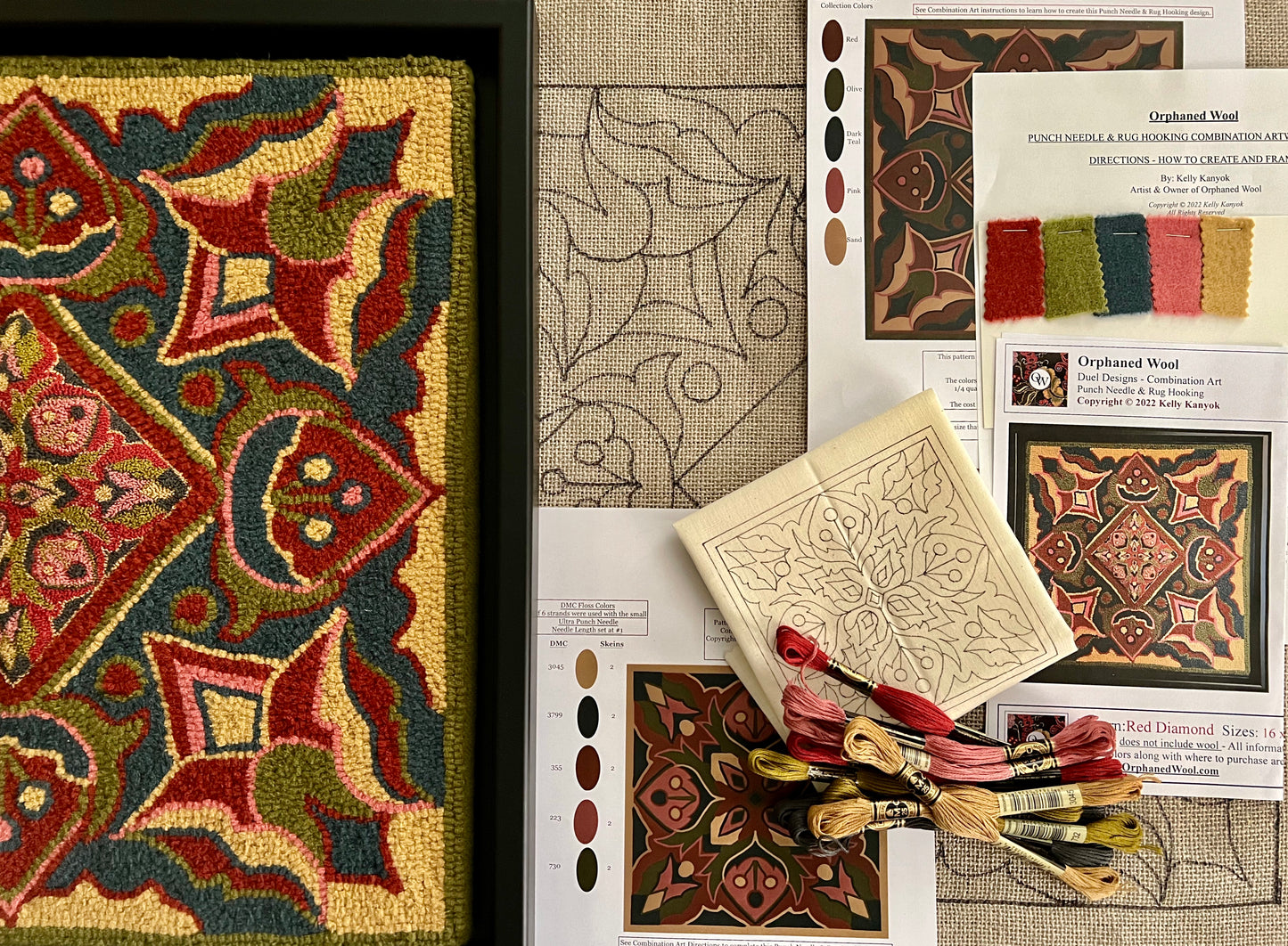 Red Diamond- Rug Hooking and Punch Needle design by Orphaned Wool is a kit designed for the punch needle and rug hooking artist. It is a fantastic kit that gives you all the information needed to create this very unique type of design.