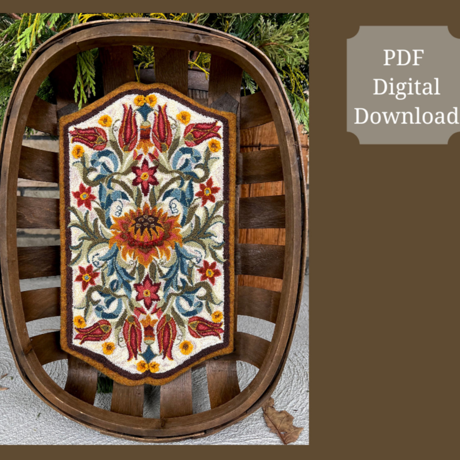 Delight- PDF Punch Needle Digital Download Pattern by Orphaned Wool. This is a 5 page download file of the Delight pattern. This elegant pattern was inspired by the Arts and Craft Movement. Included with the download pattern is the full-color thread placement guide and instructions. Created with Valdani threads used in the background and DMC Floss for the flowers and leaves in the design. Copyright © 2022 Kelly Kanyok / Orphaned Wool