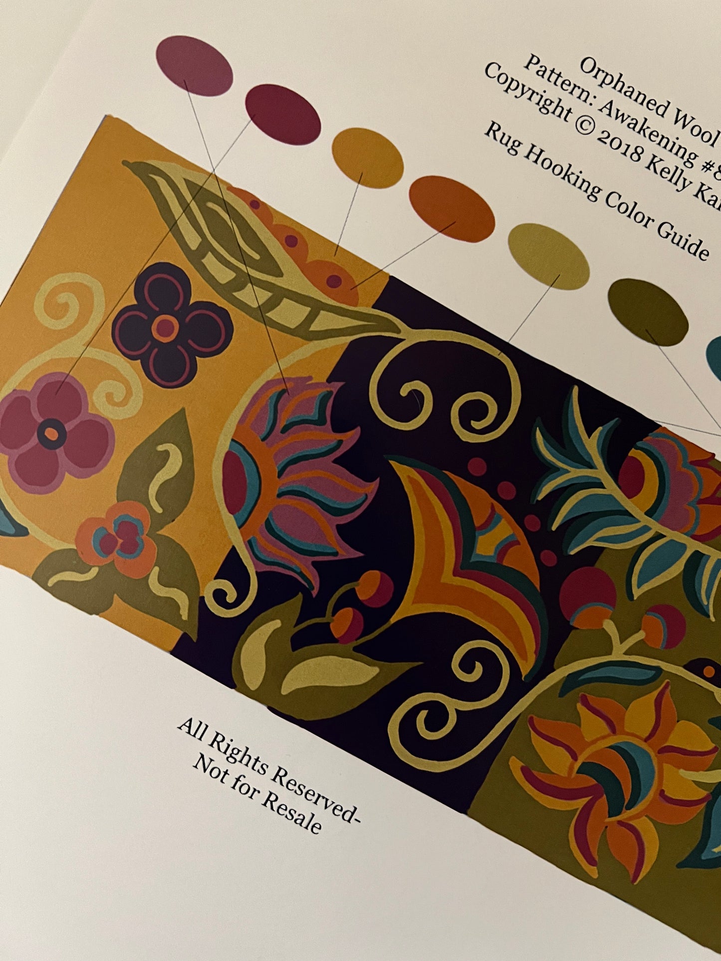 Awakening 818- Rug Hooking Paper Pattern, Floral Design, Color Guide, by Orphaned Wool