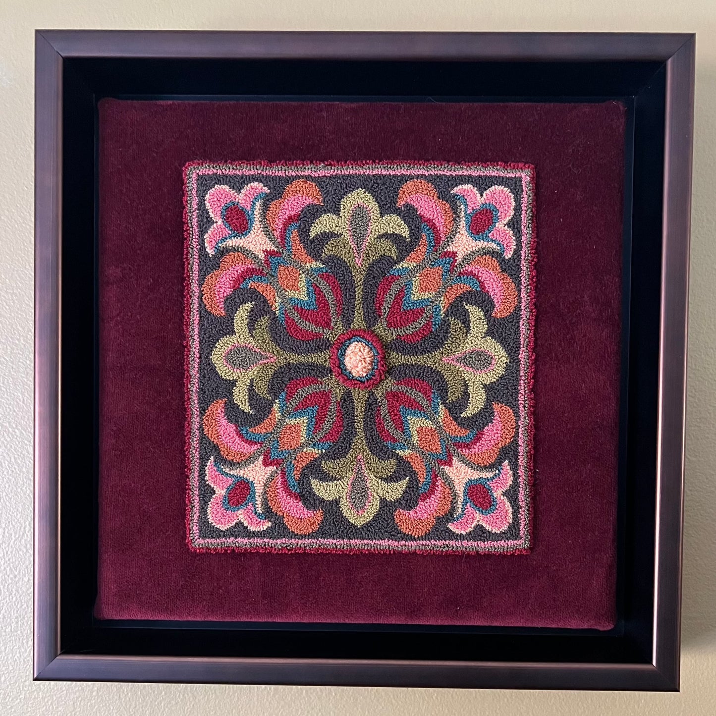  Tuscan Blooms Punch Needle Pattern by Orphaned Wool. This lovely pattern is available as a paper or Cloth Pattern with an option to purchase a custom thread kit, while supplies last. This beautiful flower pattern is Copyrighted 2023 Kelly Kanyok/ Orphaned Wool.