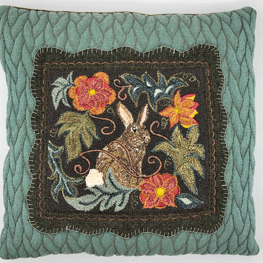 Garden Rabbit Punch Needle pattern by Orphaned Wool. Design can be finished using Valdani Threads or Dmc Floss. Beautiful  Garden Rabbit pattern with flowers and leaves. A lovely pillow design.