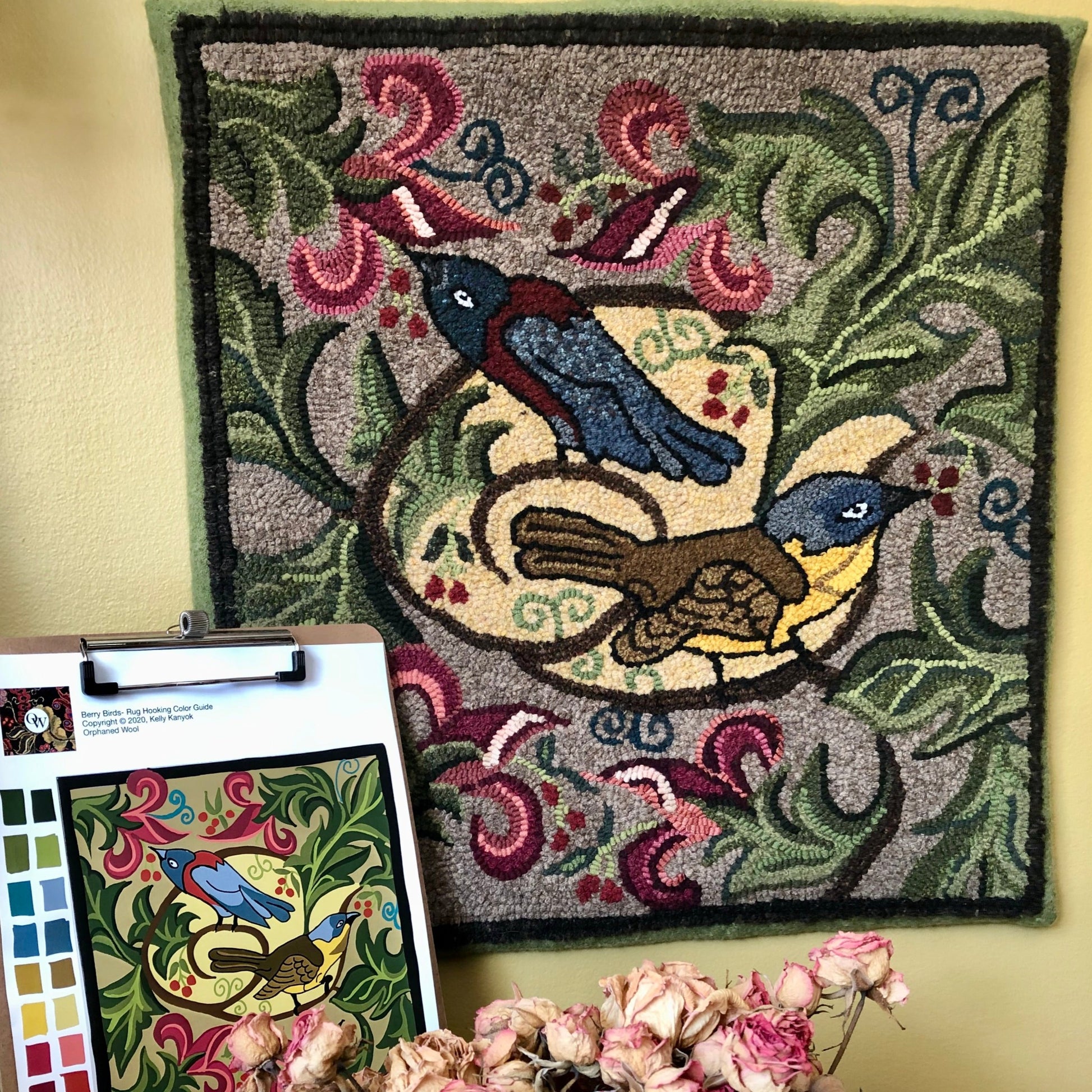 Berry Birds- Rug Hooking Linen Pattern, by Orphaned Wool