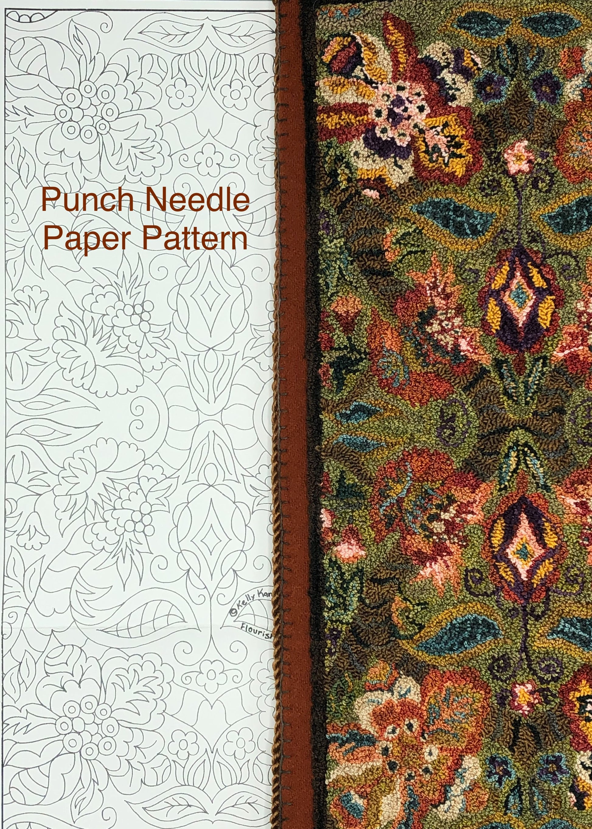 Flourish 3060-Punch Needle Pattern, Paper and Cloth patterns available. Floral design, by Orphaned Wool