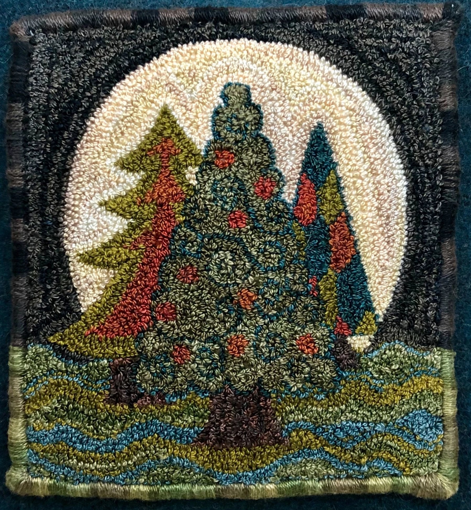 Moon Trees- Paper Rug Hooking or Rug Punch Pattern by Orphaned Wool. This Paper Pattern is formatted to be enlarged, allowing the artist to create a custom size pattern. Pattern includes the full-color guide and enlargement instructions.