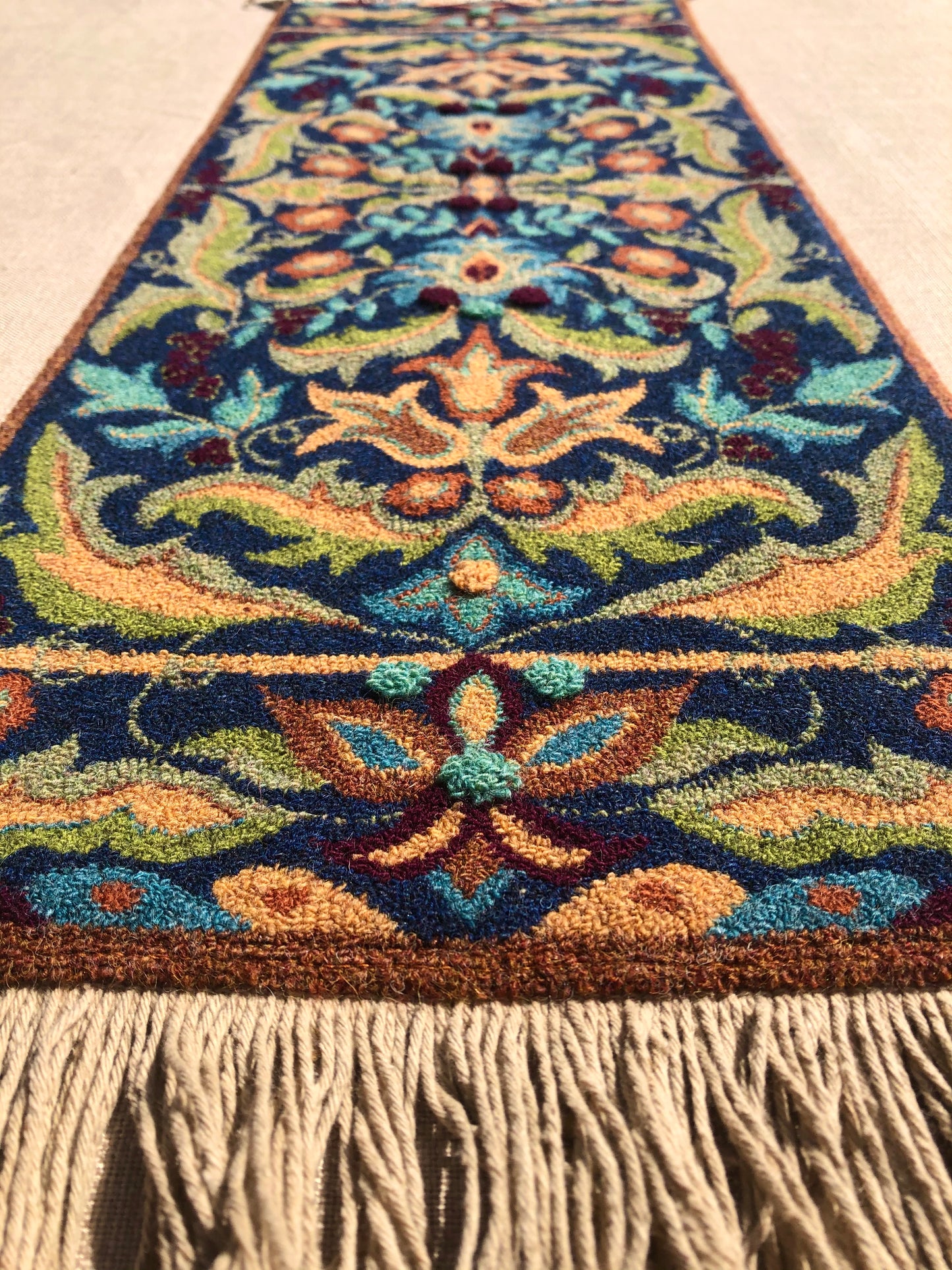 Tapestry Runner-PDF Digital Download Punch Needle Pattern by Orphaned Wool. This incredible runner pattern include a full-color placement guide that will give you three options of threads to use , Rustic Moire Wool Threads, Valdani Threads, along with DMC Floss. Each type will bring a beautiful finish to this Tapestry Runner pattern. The photos of this design are showing the pattern finished in Rustic Moire Wool Threads