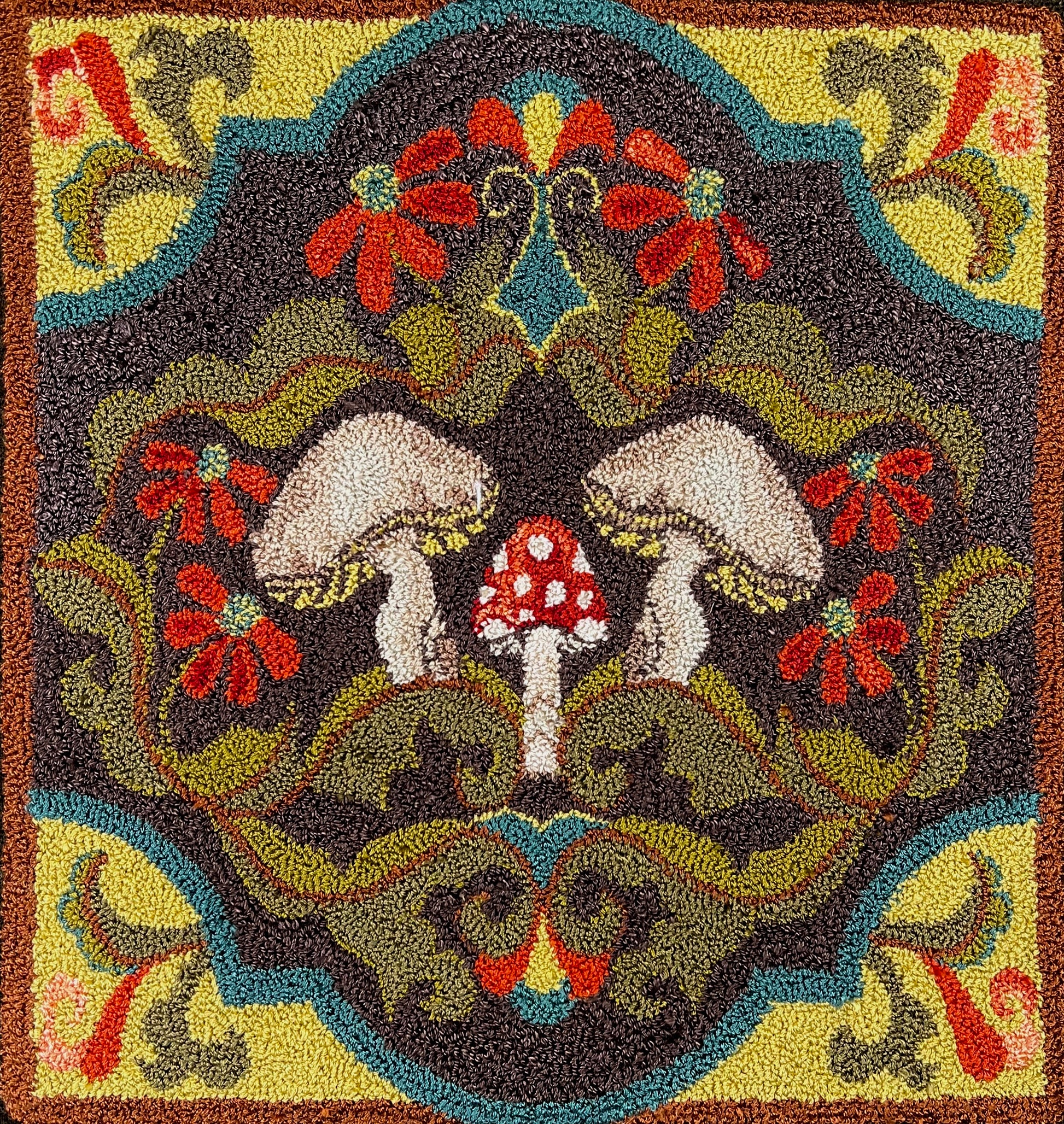 The Fungi Forest Linen Rug Hooking or Rug Punch Needle Pattern from Orphaned Wool. This woodsy mushroom pattern is perfect for any nature lover. Hand-drawn on natural Linen and available in two size, small and large. Copyright 2023 Kelly Kanyok-Orphaned Wool